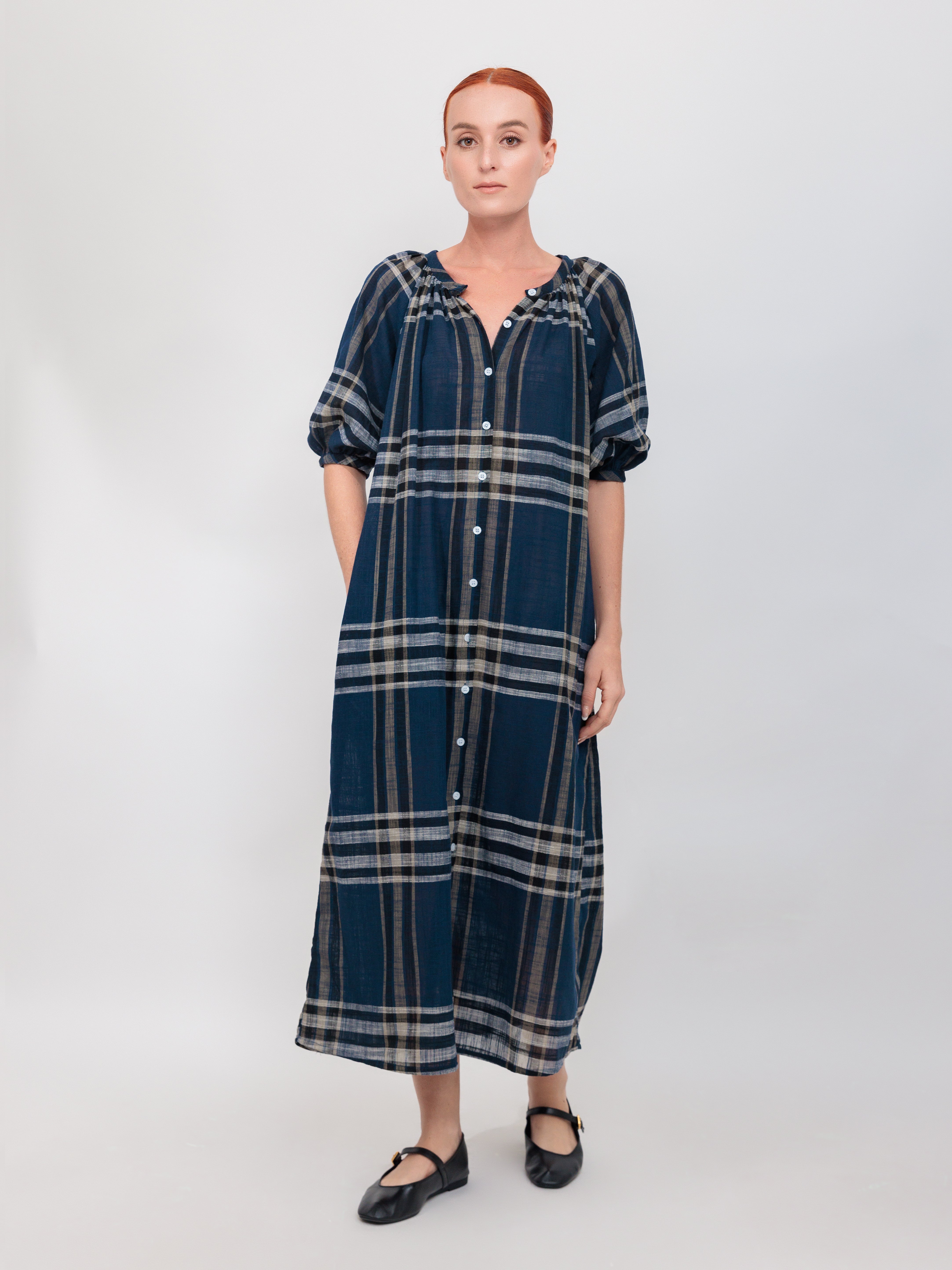 Button Down Maxi Dress in Navy Windowpane