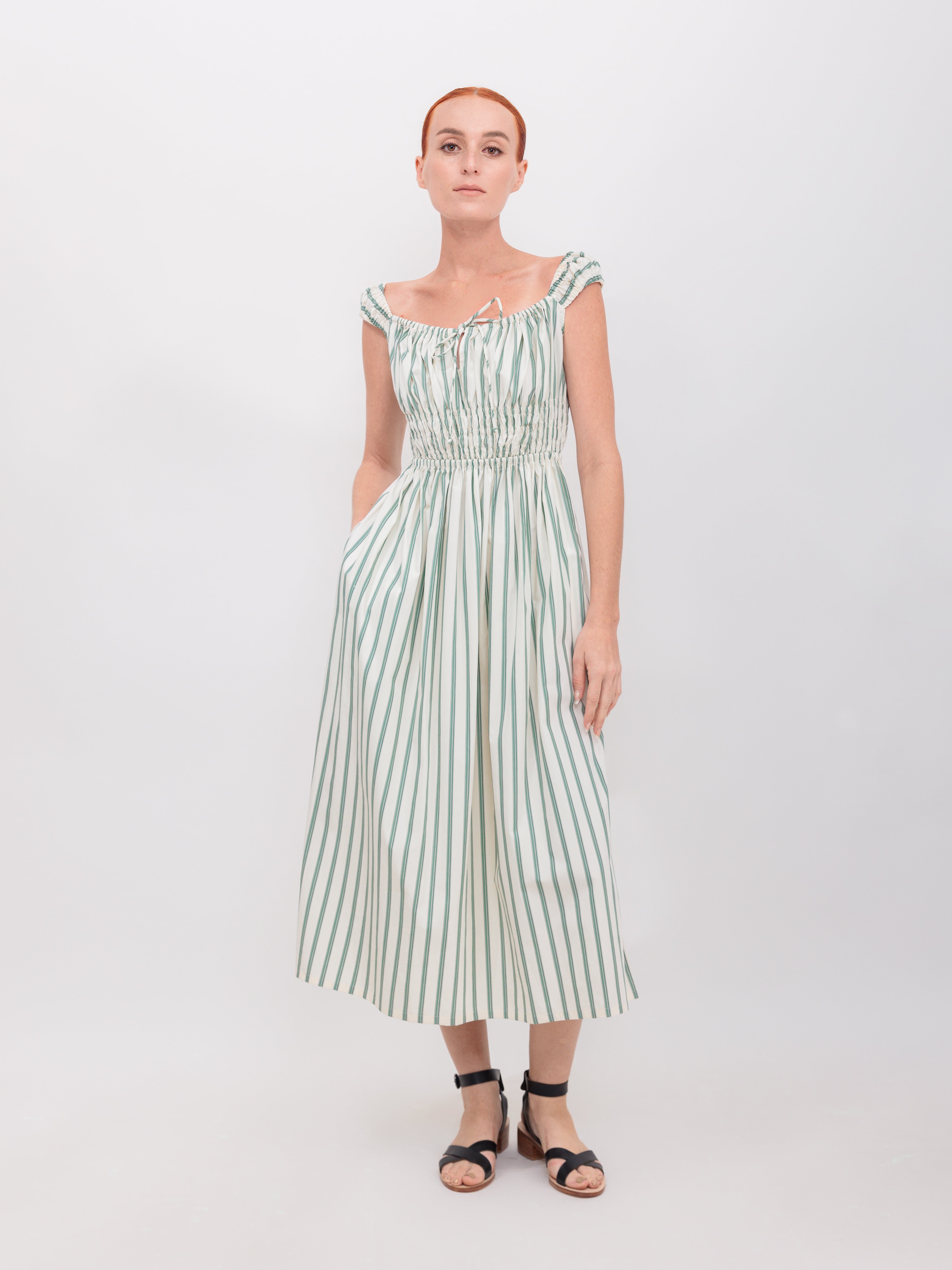 Gathered Bust Dress in Green Double Stripe