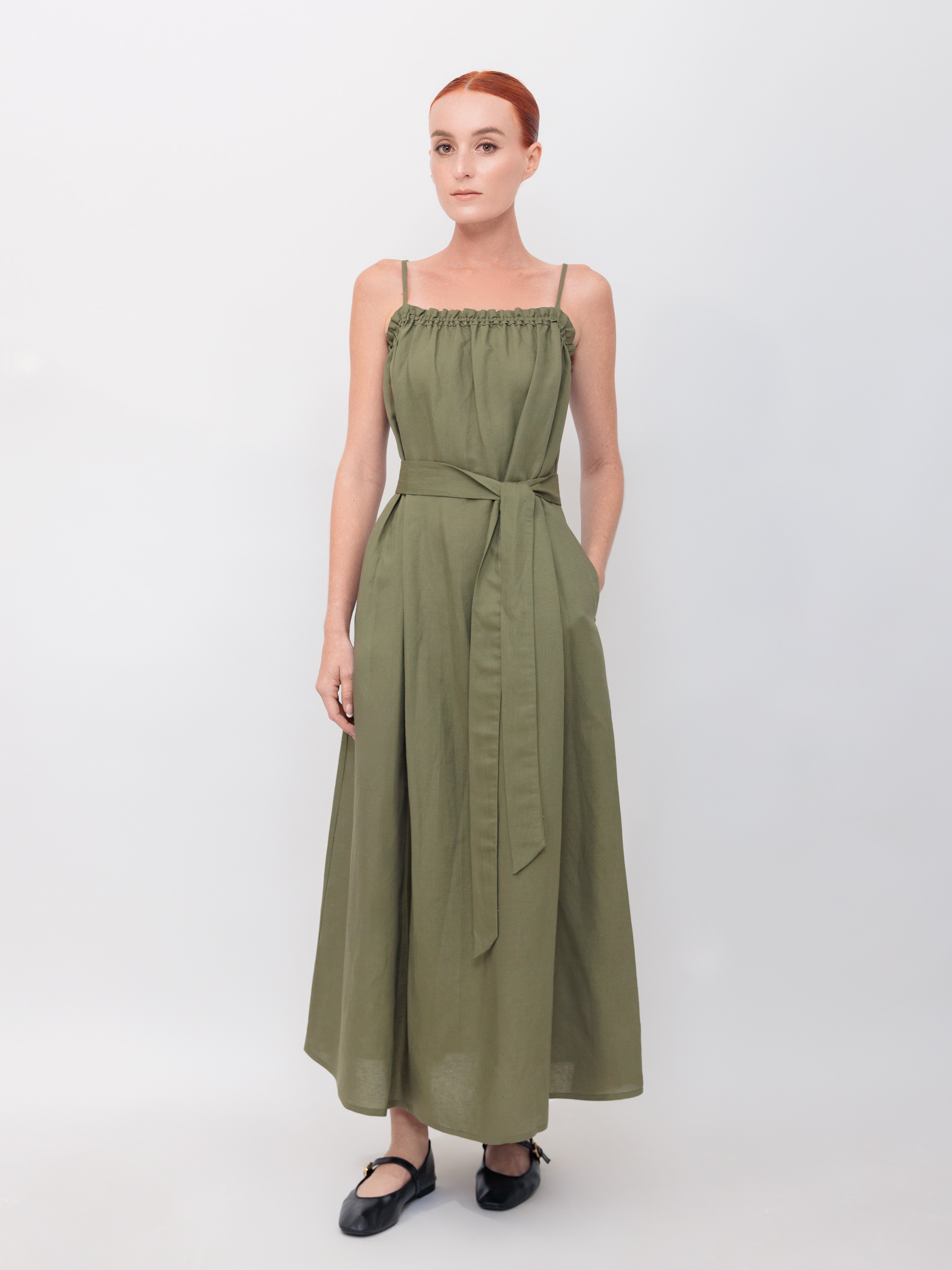 Ruffle Tank Maxi Dress in Army Green