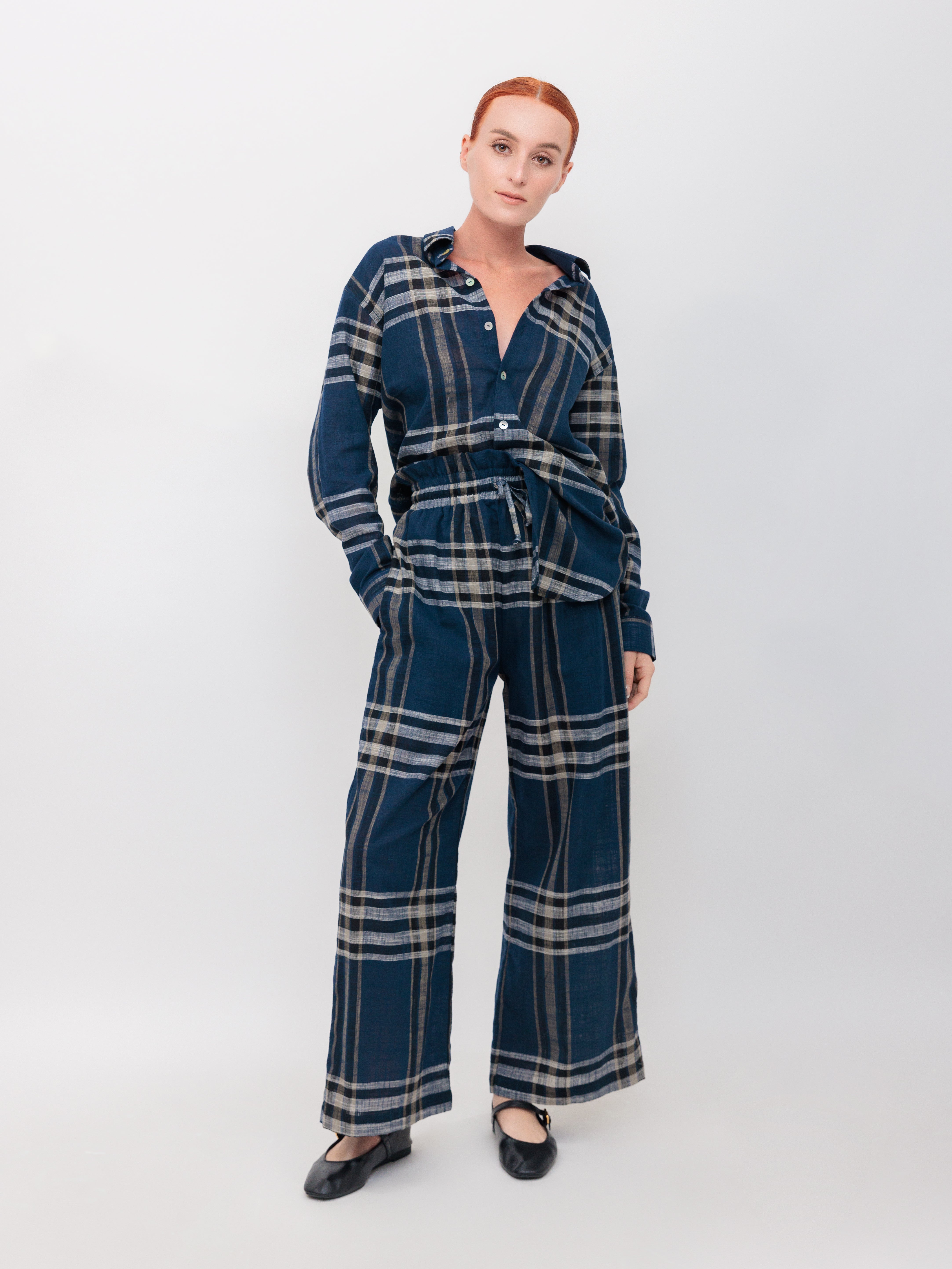 Oversized Button Down Top in Navy Windowpane