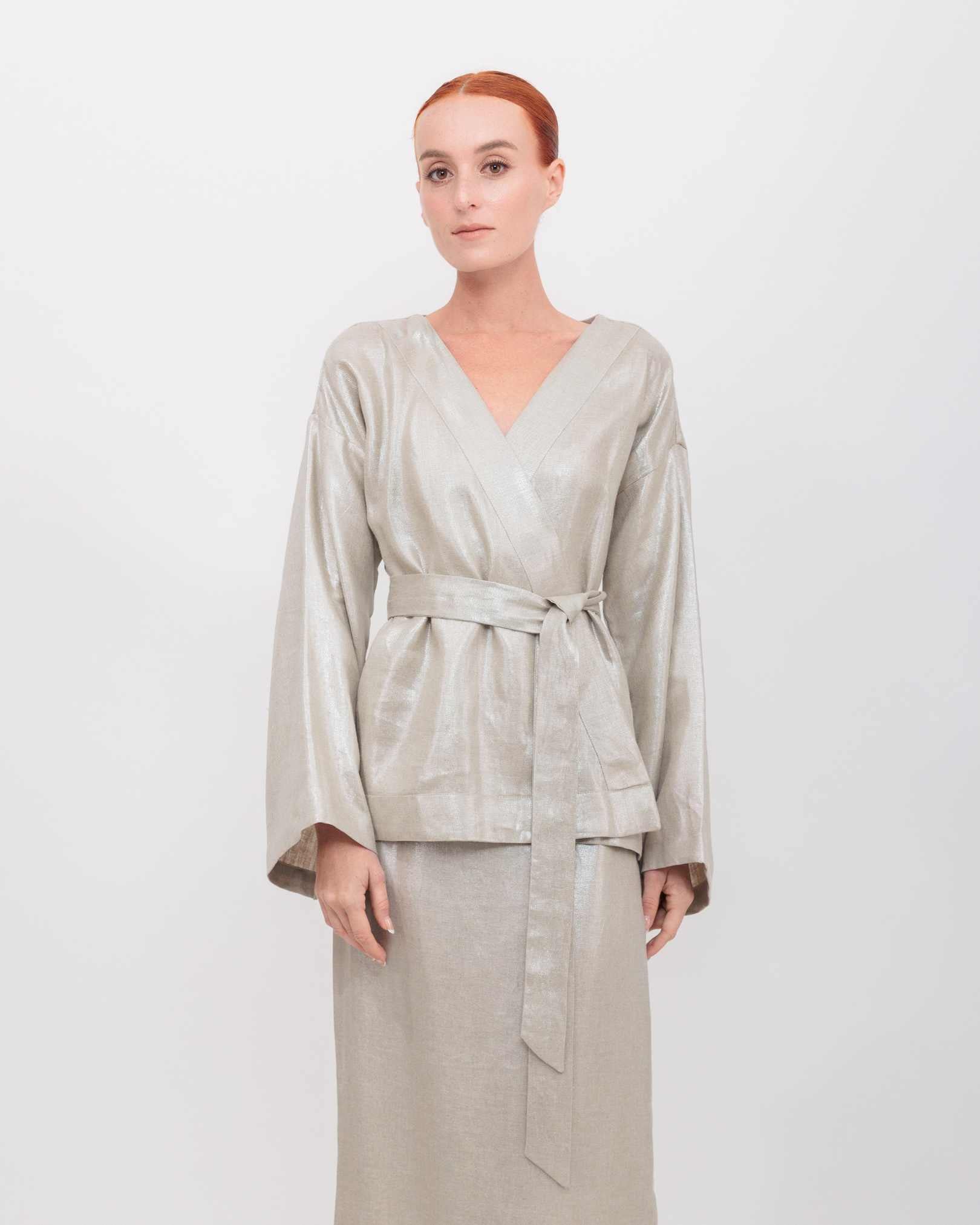 Kimono Long Sleeve Wrap Top in Champagne Shimmer Twill