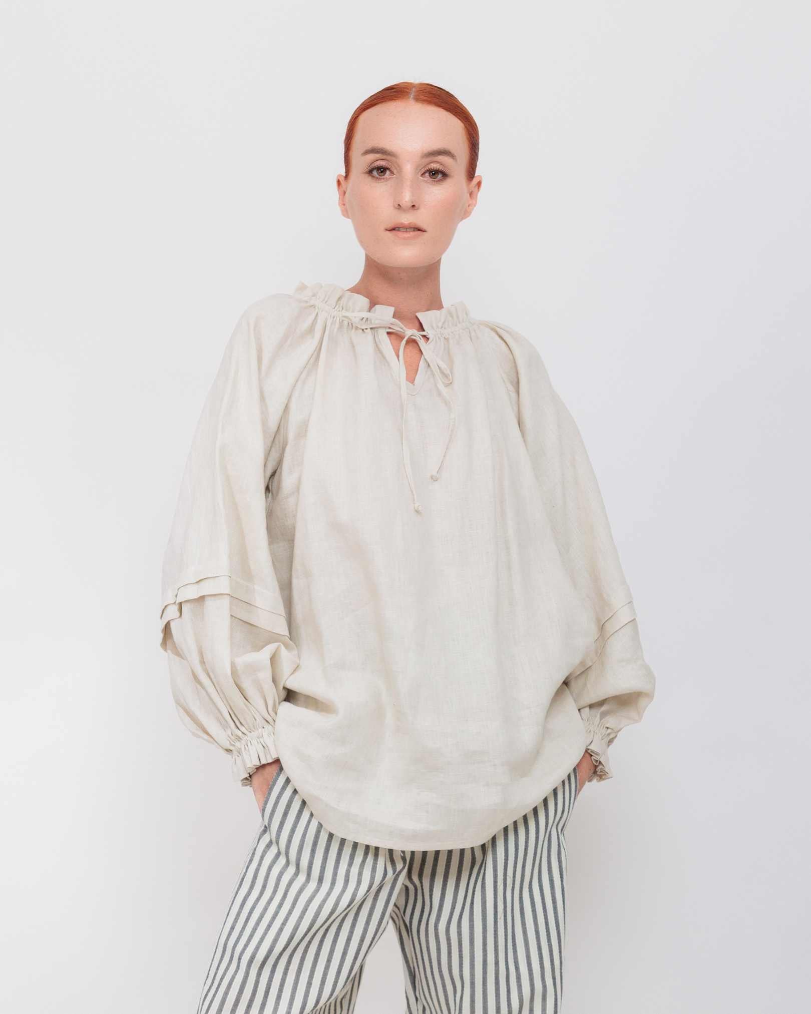 Long Sleeve Pleated Lounge Top in Winter White