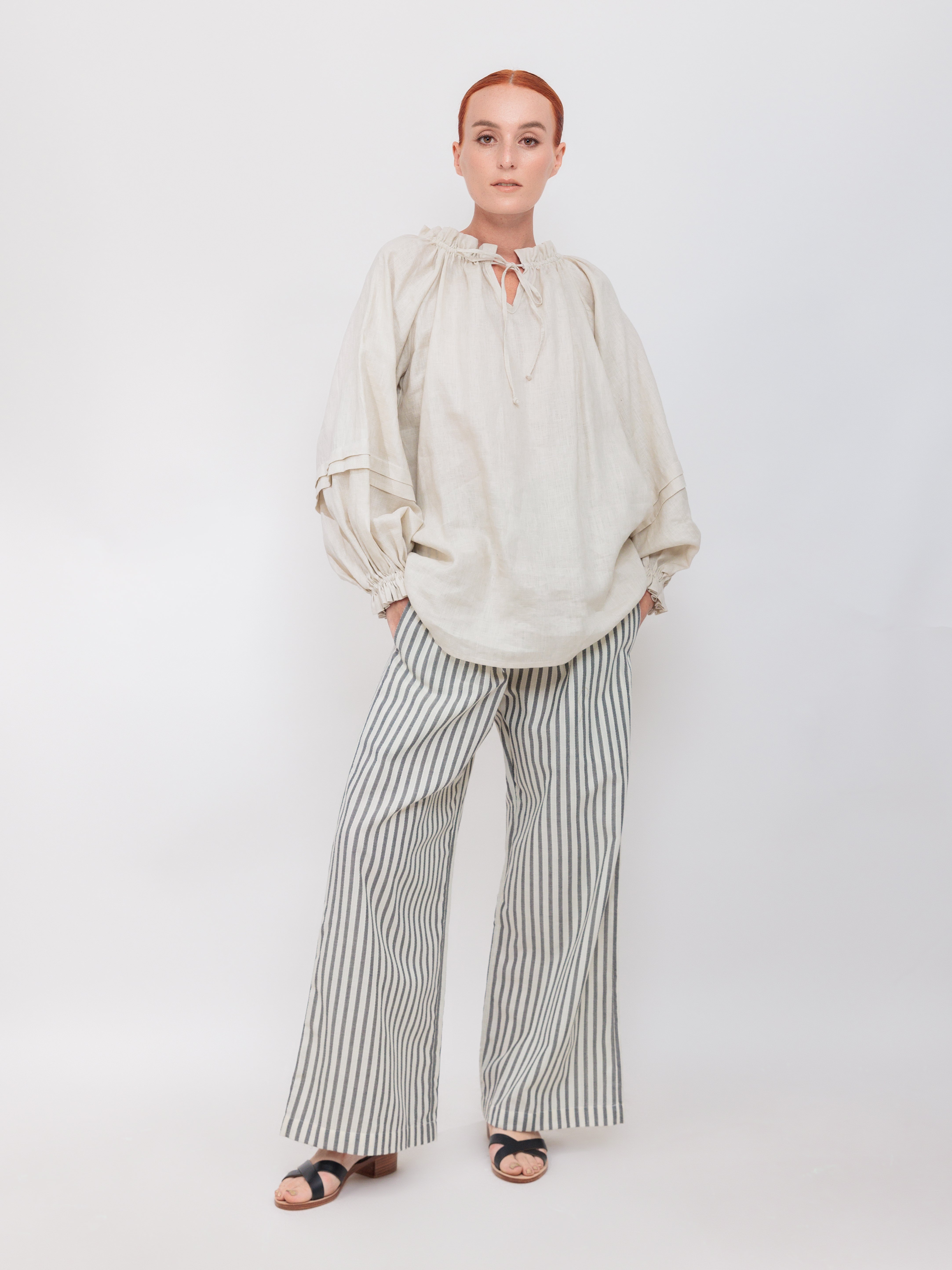 Long Sleeve Pleated Lounge Top in Winter White