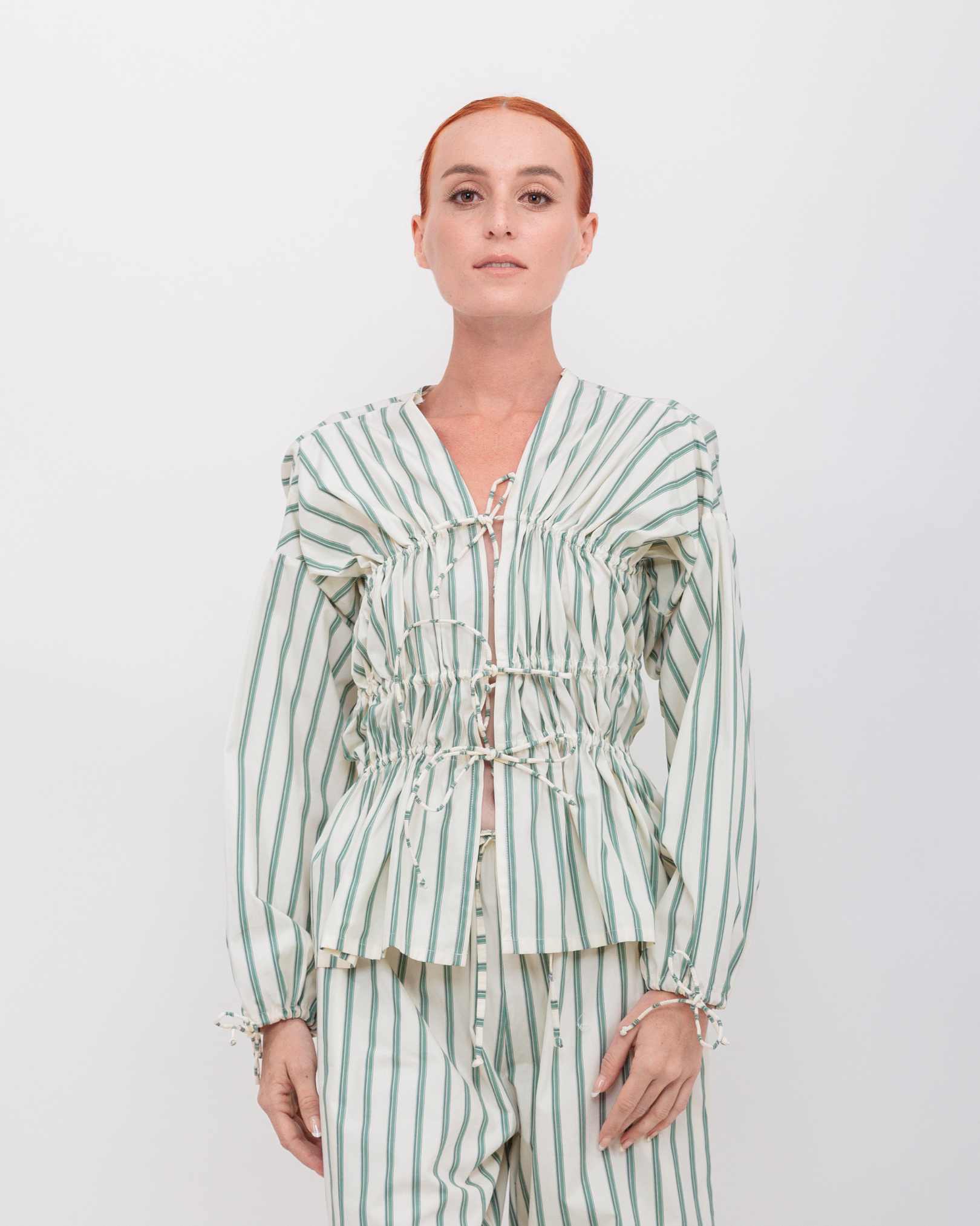 Long Sleeve 3 Tier Bias Cut Top in Green Double Stripe