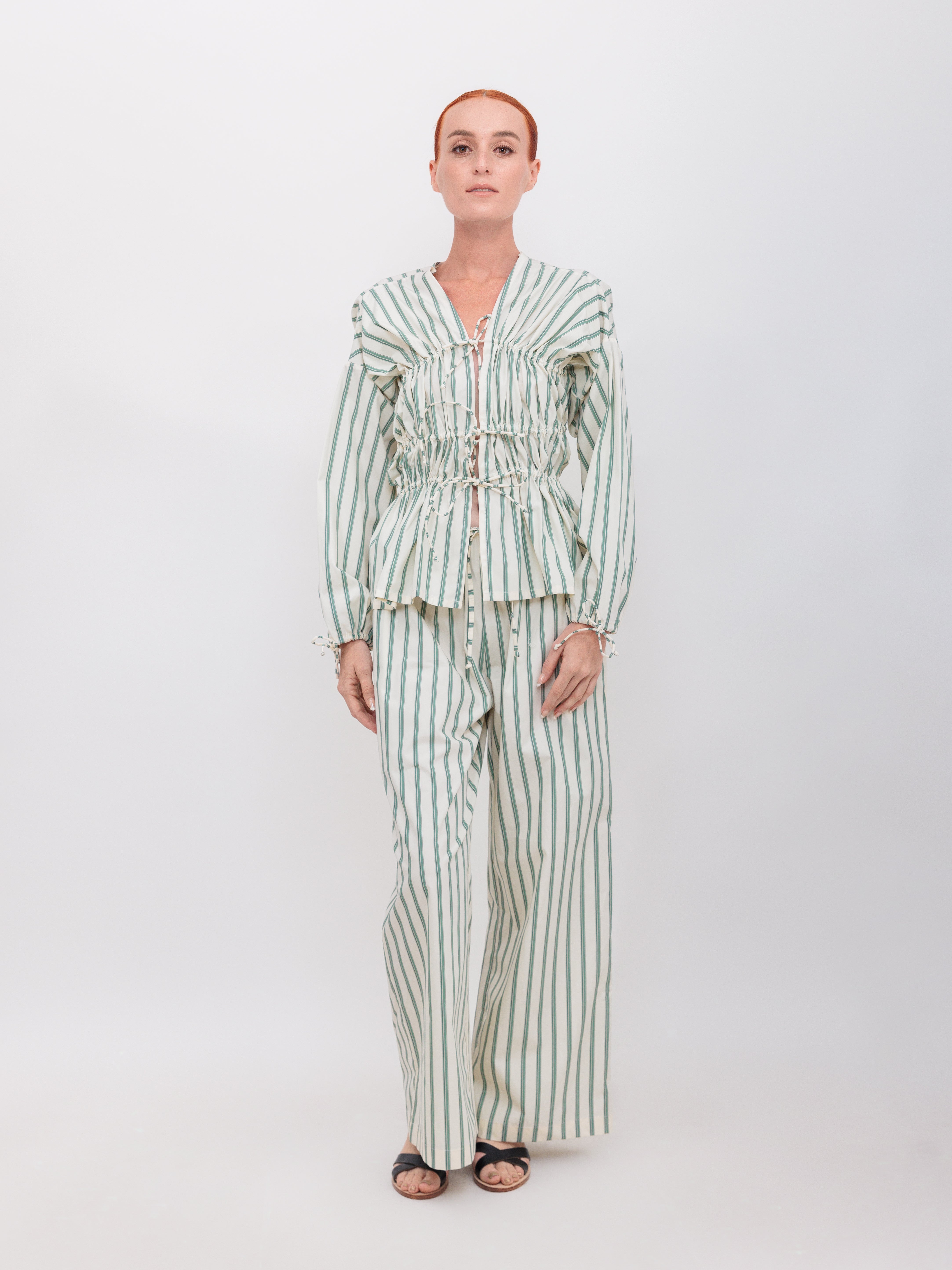 Long Sleeve 3 Tier Bias Cut Top in Green Double Stripe