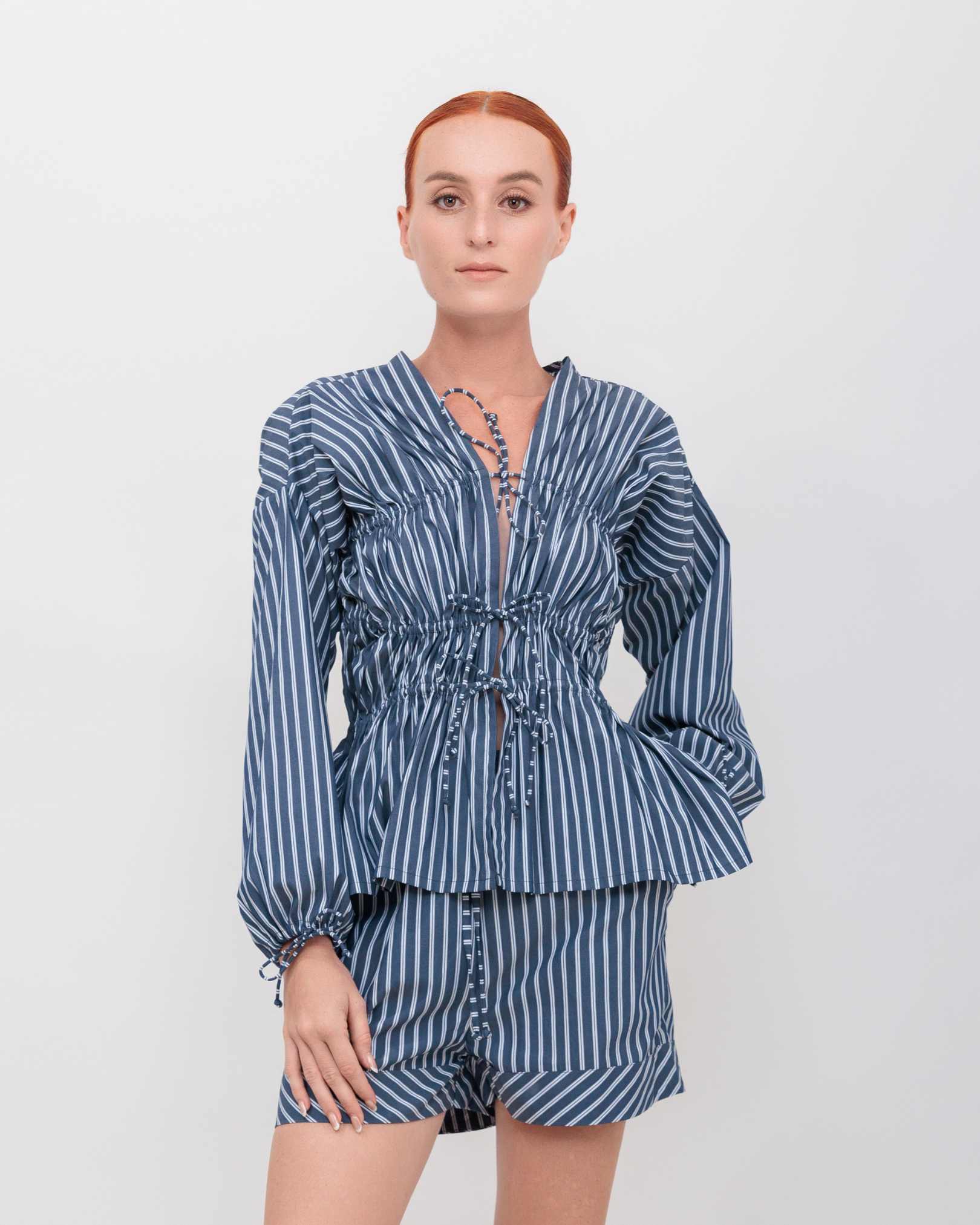 Long Sleeve 3 Tier Bias Cut Top in Navy Double Stripe