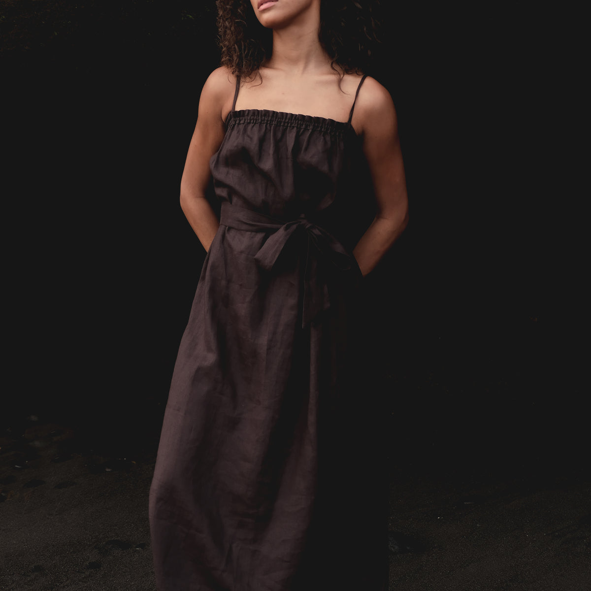 Ruffle Tank Maxi Dress in Chocolate Brown