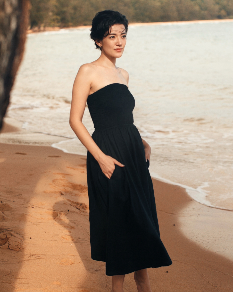 Shirred Tube Midi Dress in Black Shirred Tube Midi Dress in Black