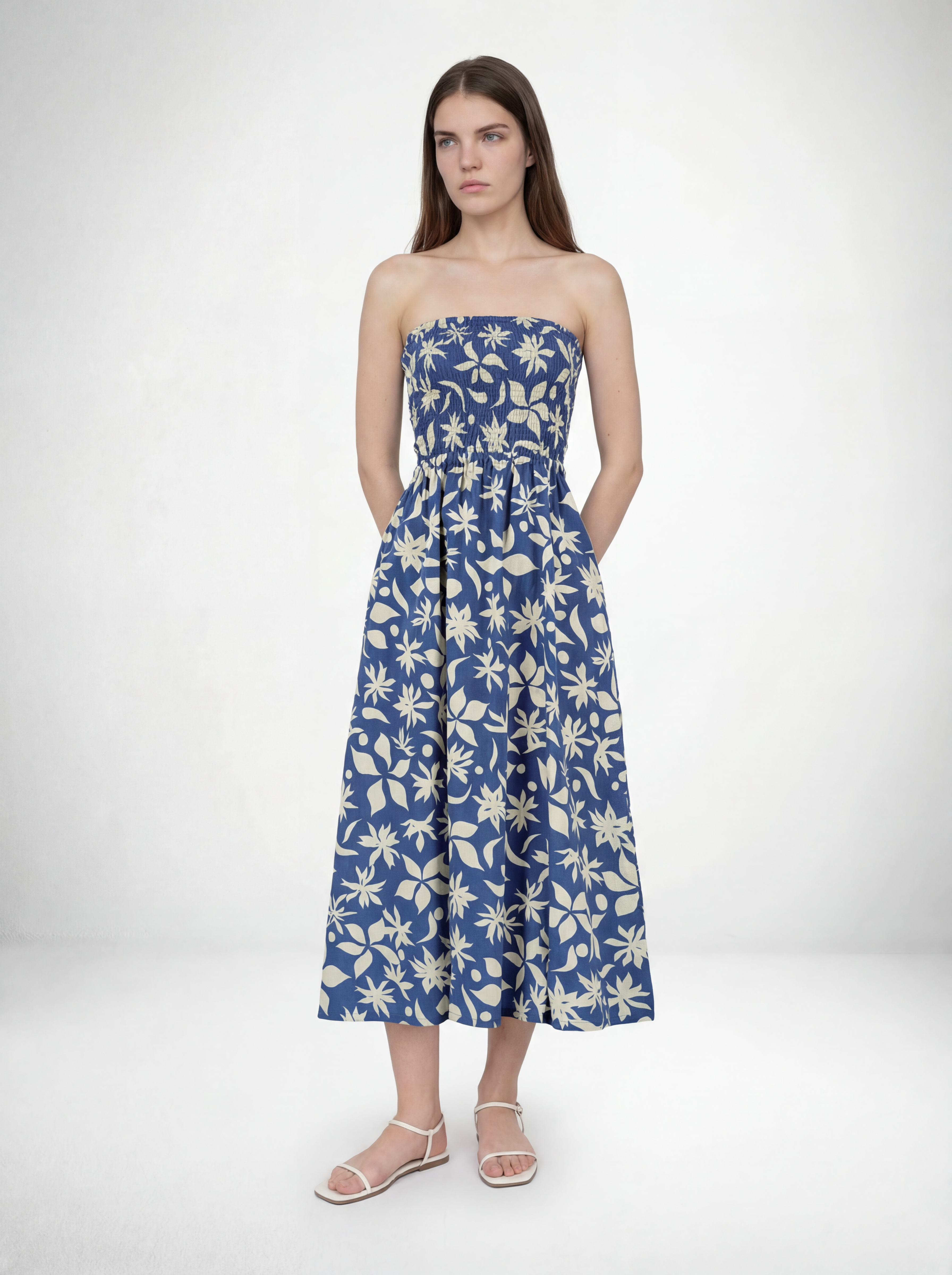 Shirred Tube Top Midi Dress in Blue Floral