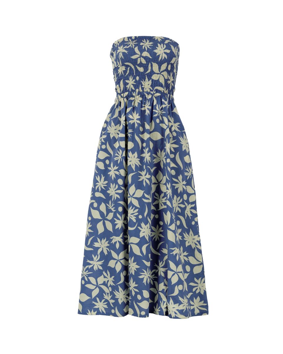 Shirred Tube Top Midi Dress in Blue Floral Shirred Tube Top Midi Dress in Blue Floral