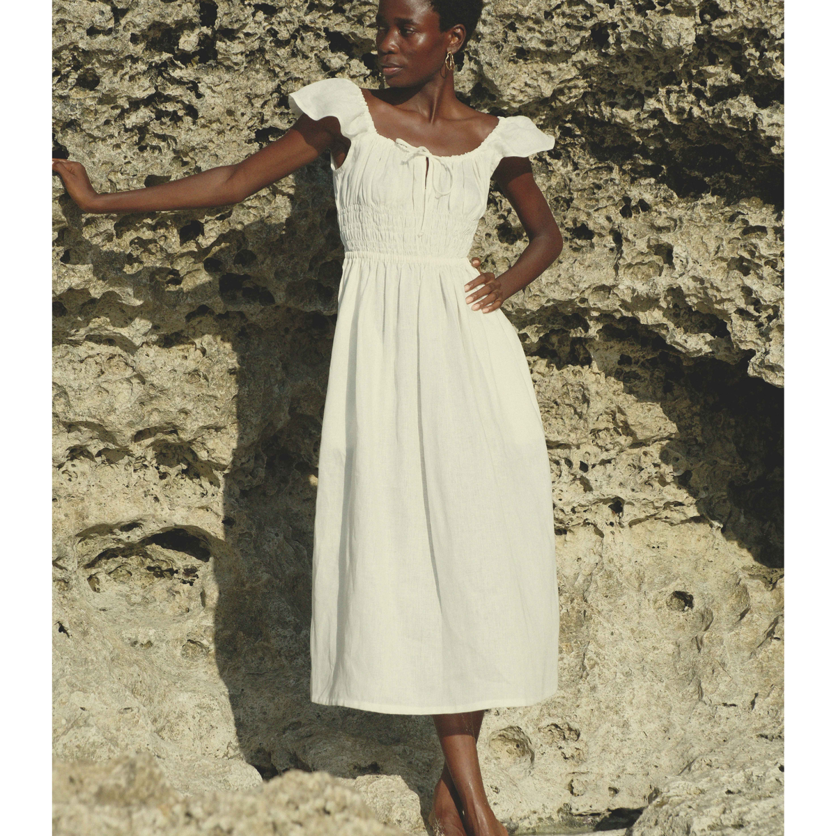Flutter Sleeves Gathered Bust Dress in White Linen