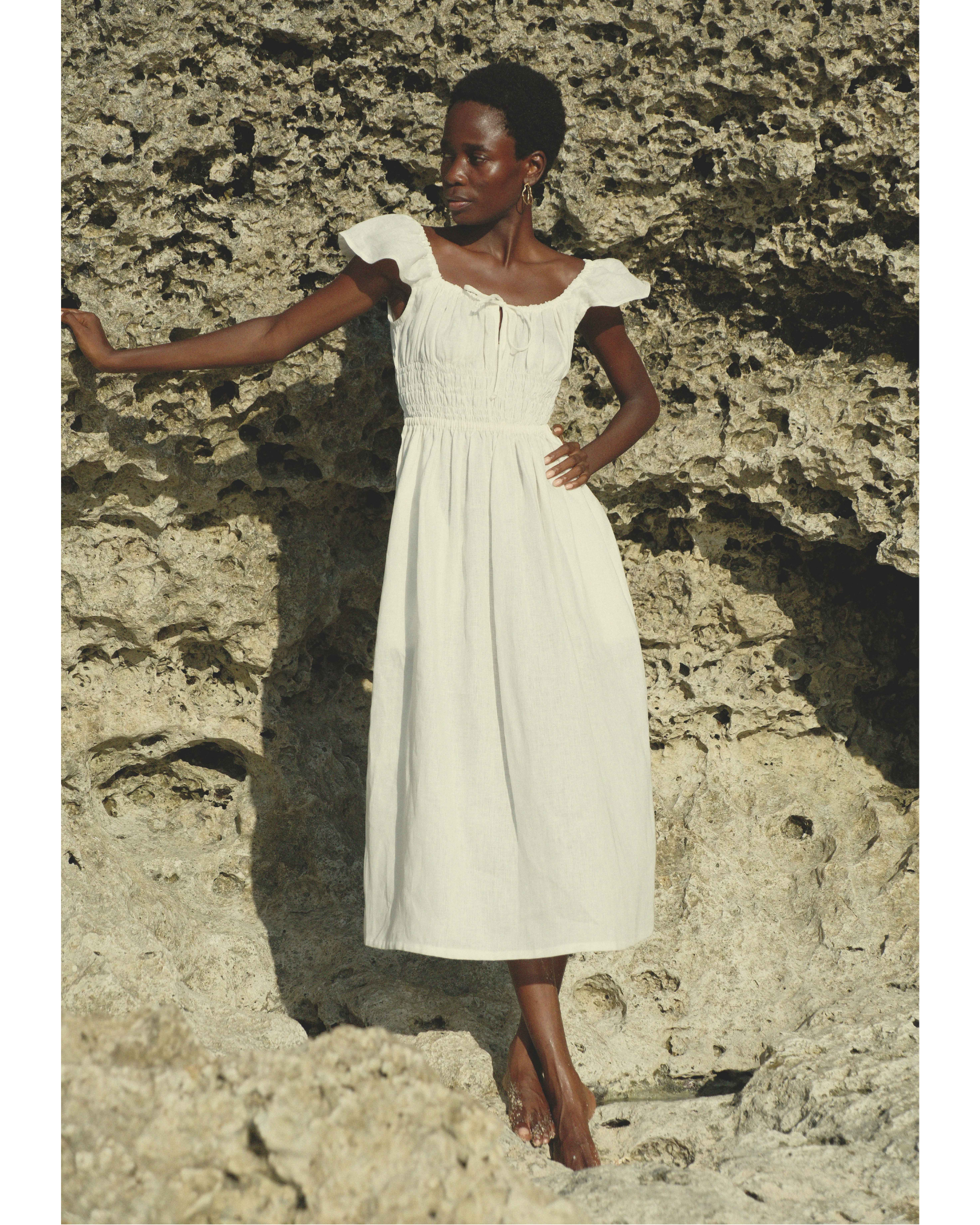 Flutter Sleeves Gathered Bust Dress in White