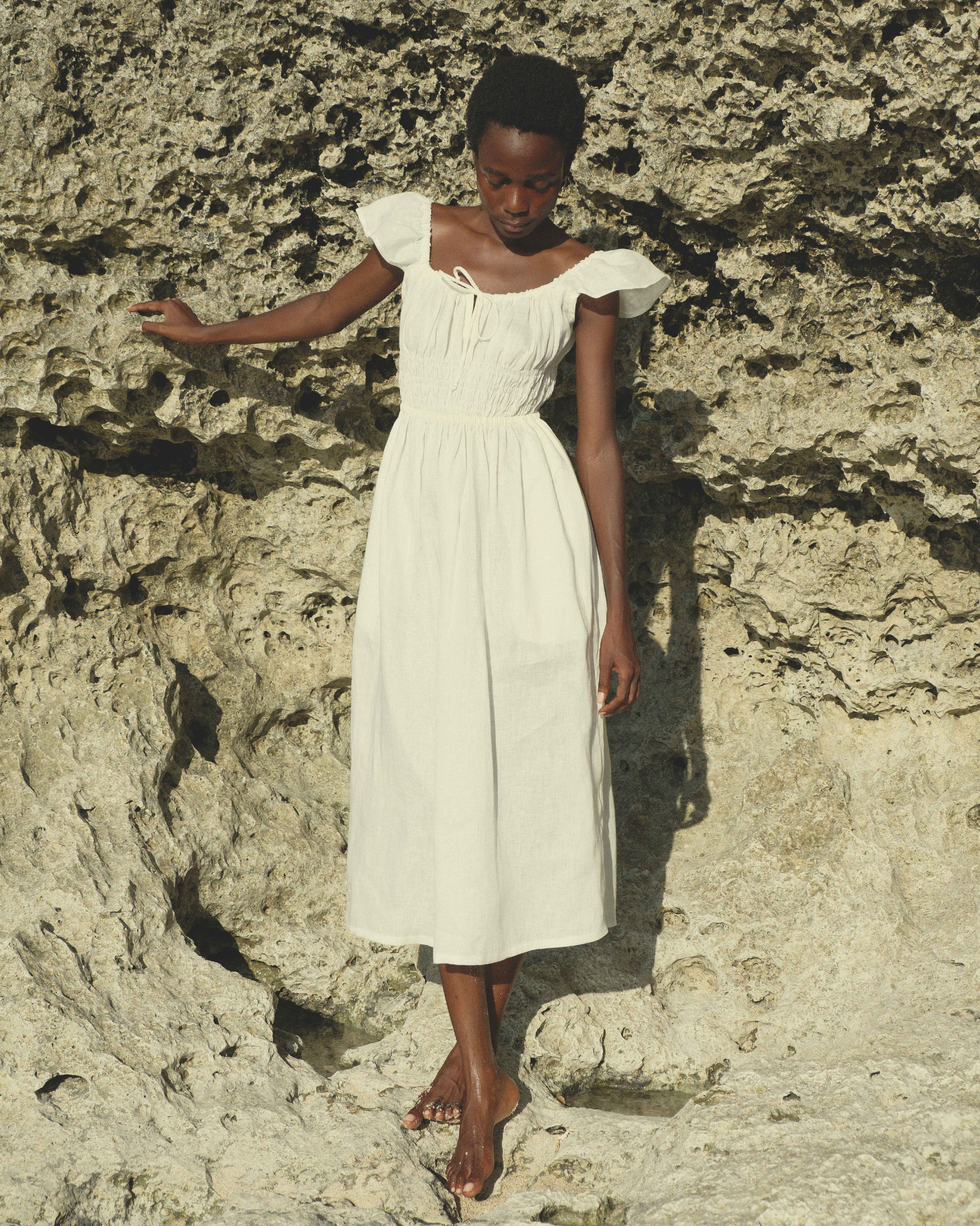 Flutter Sleeves Gathered Bust Dress in White