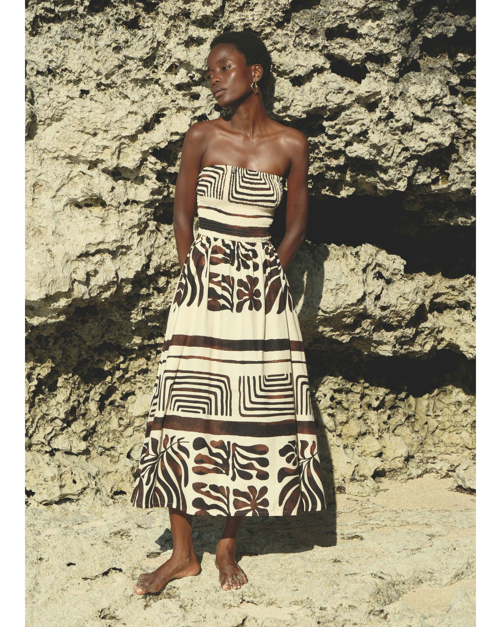 Shirred Tube Midi Dress in Brown & Cream Linen