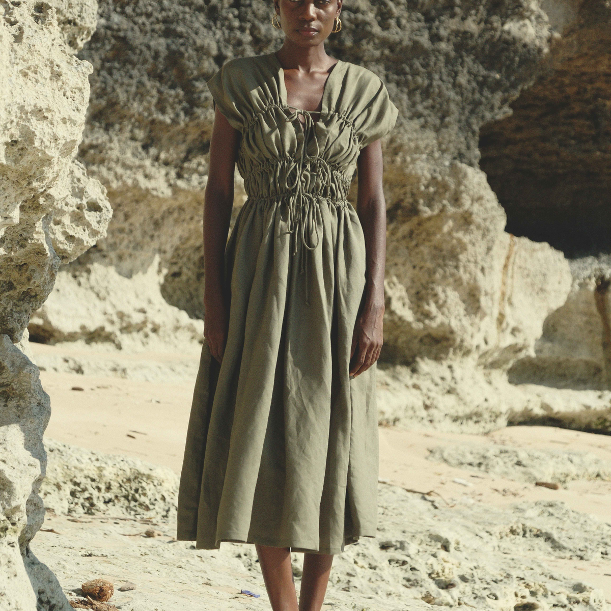3-Tier Bias Cut Dress in Army Green Linen