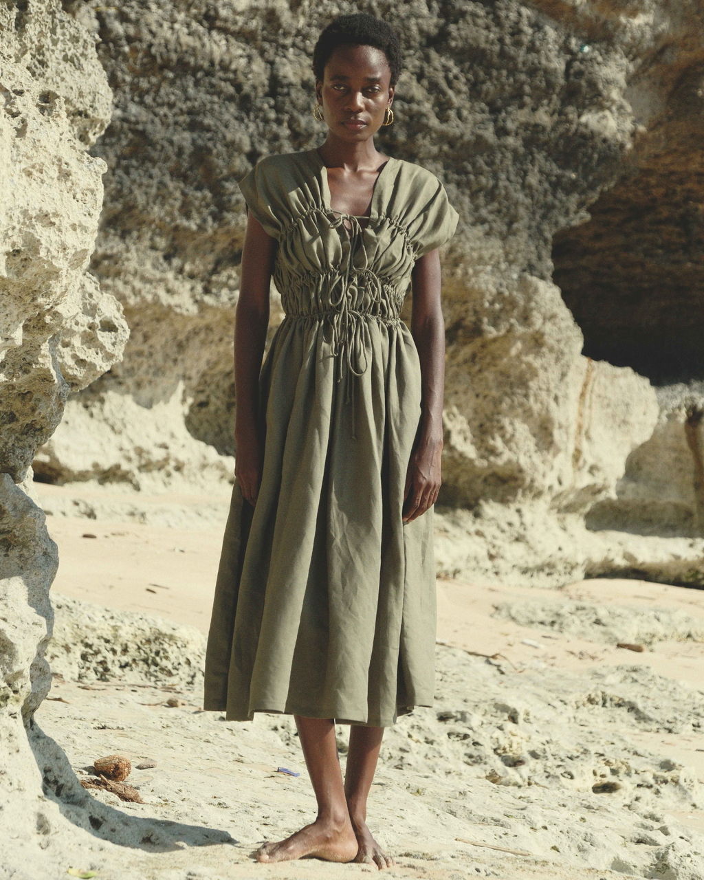 3-Tier Bias Cut Dress in Army Green Linen 3-Tier Bias Cut Dress in Army Green Linen