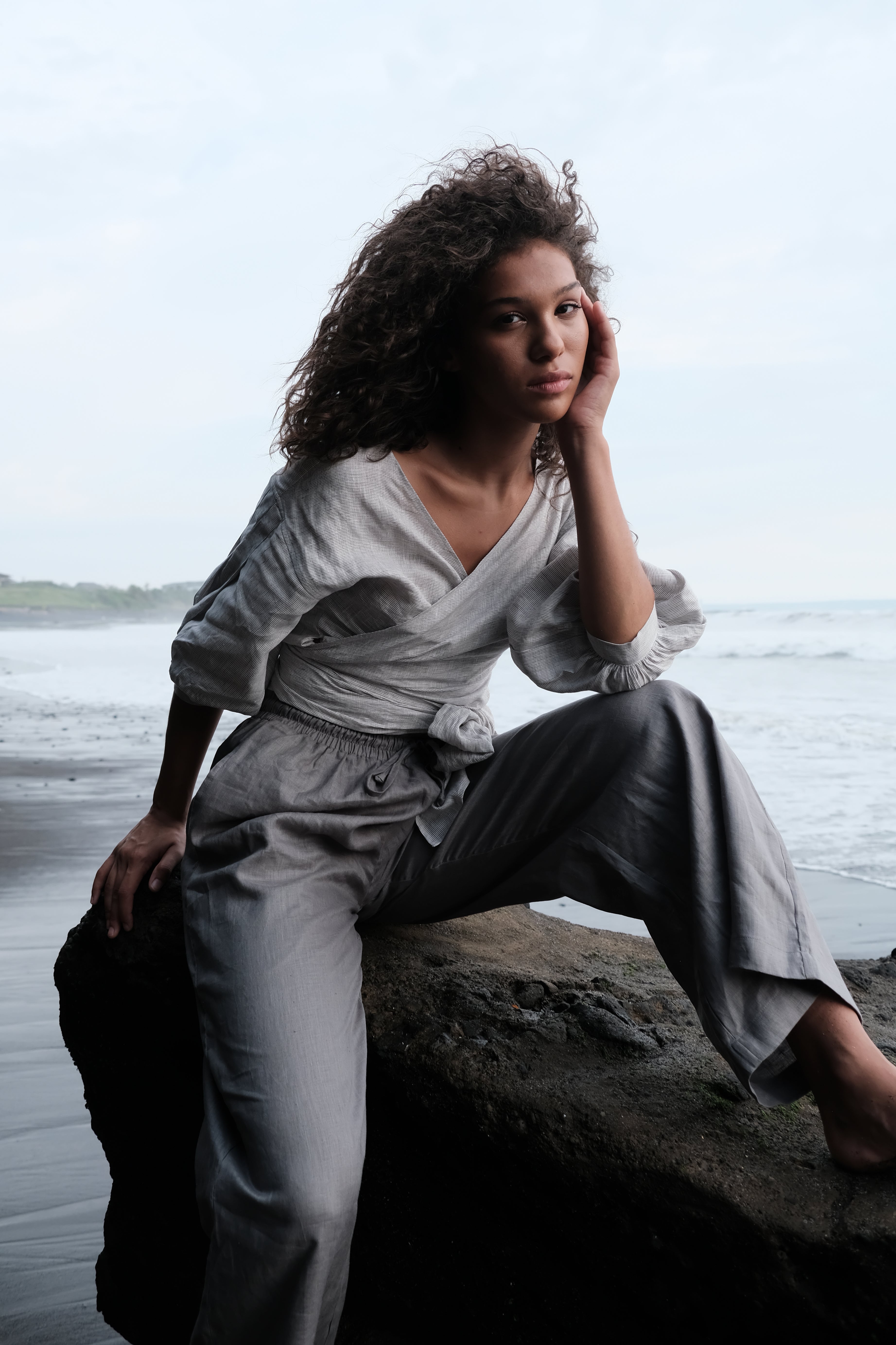 Wrap Top in Gray Stripe