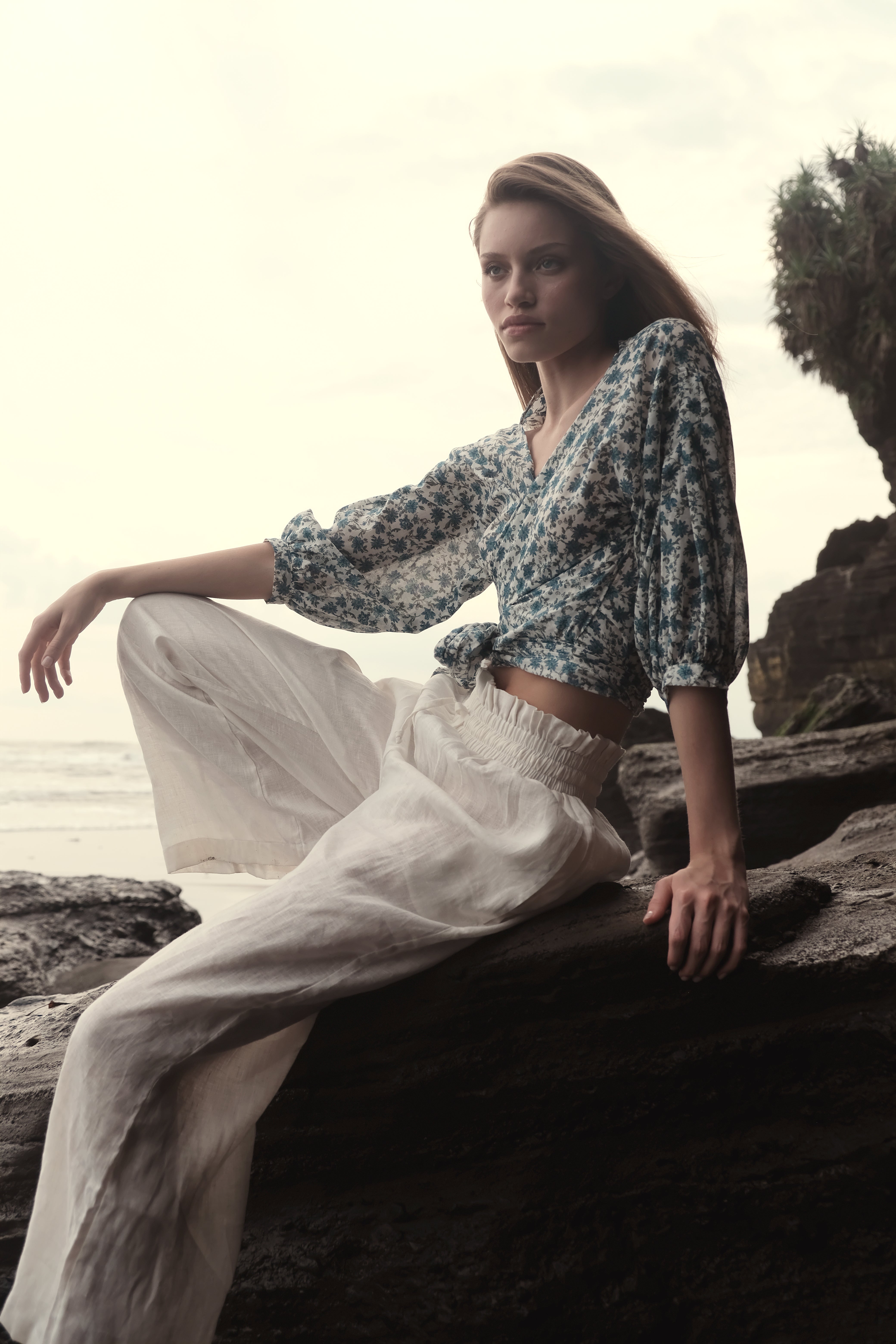 Wrap Top in Blue Floral Cotton Gauze