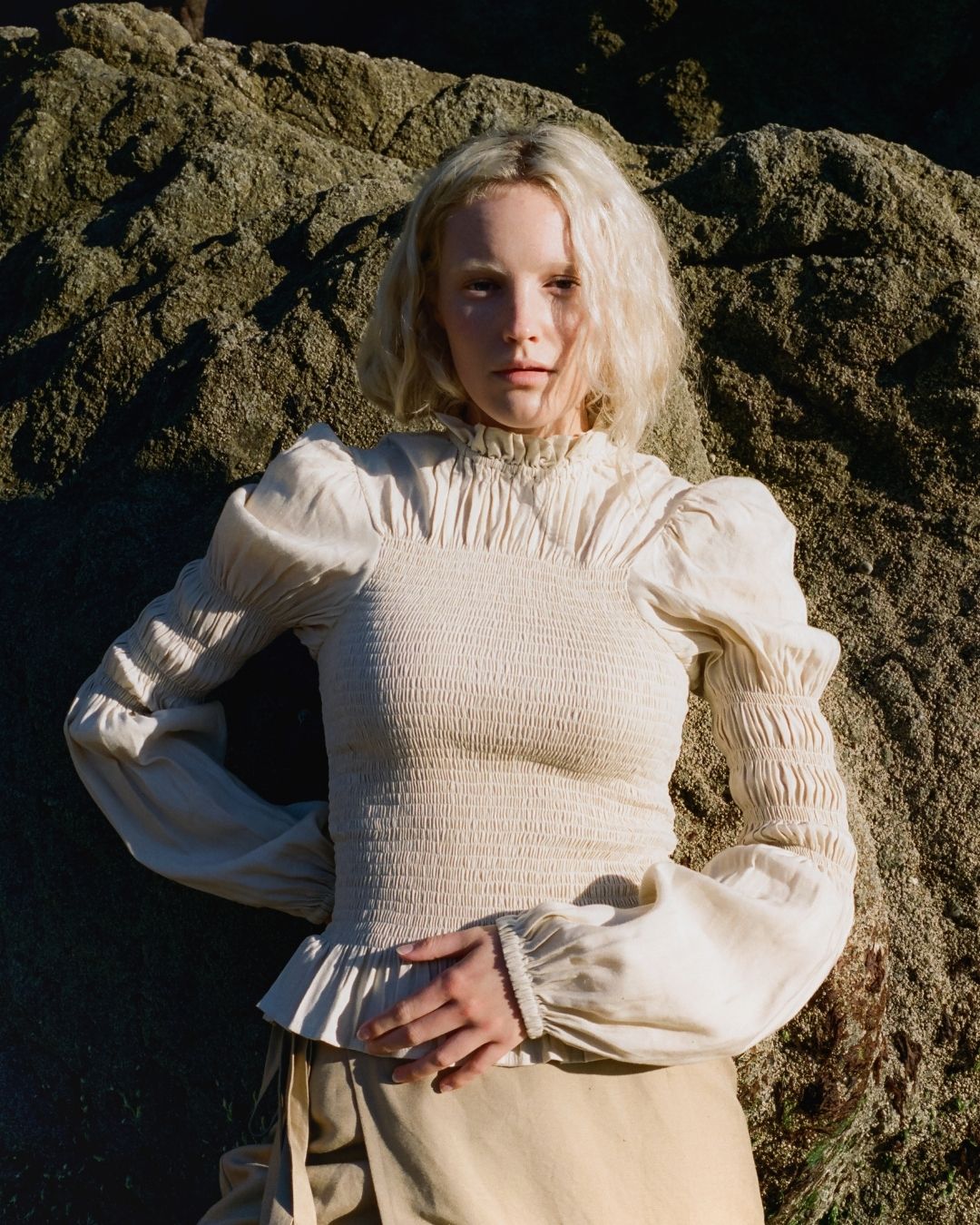Rohnea Linen Shirring Turtleneck in Cream