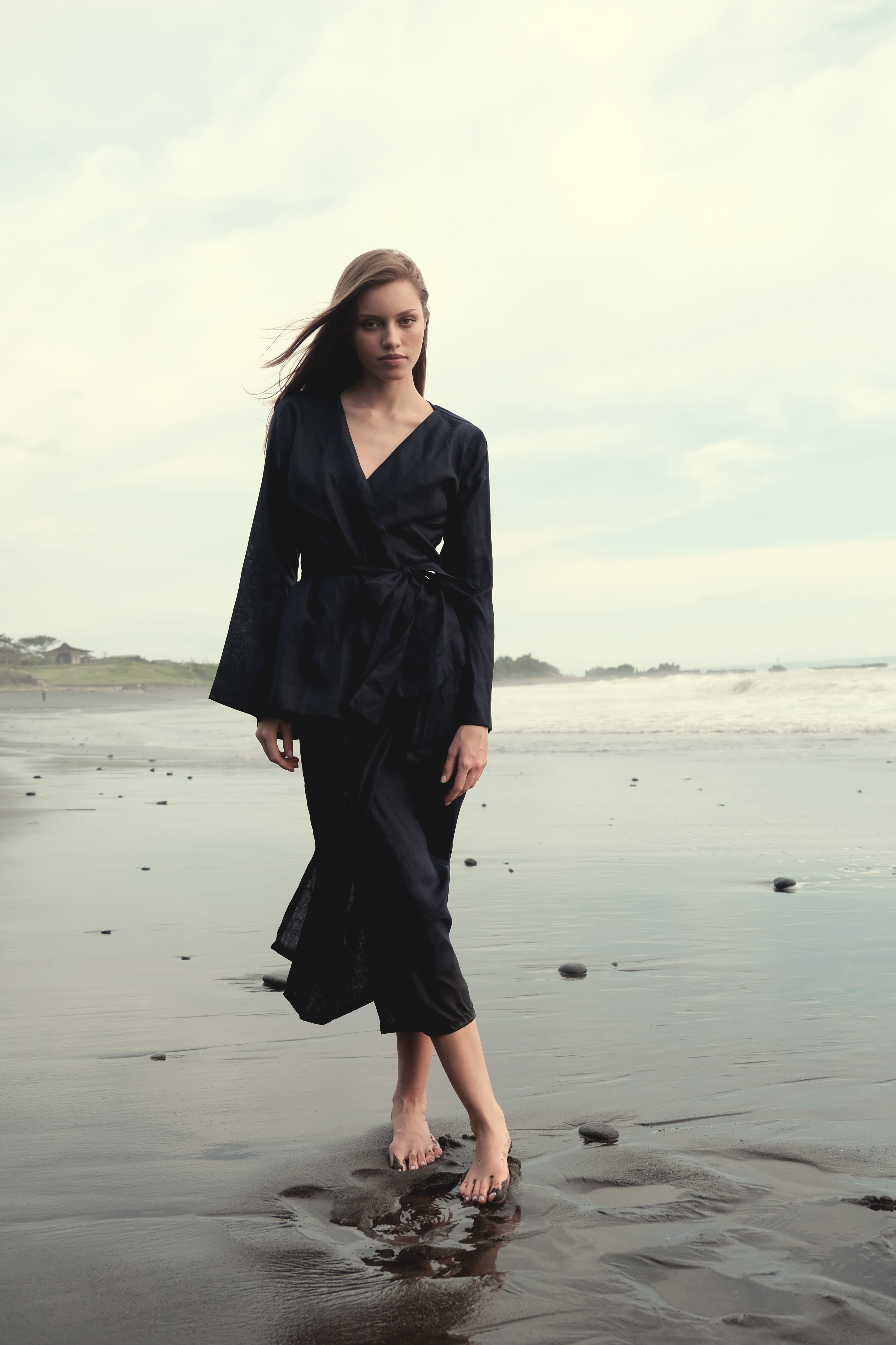 Long Sleeve Kimono Wrap Top in Navy