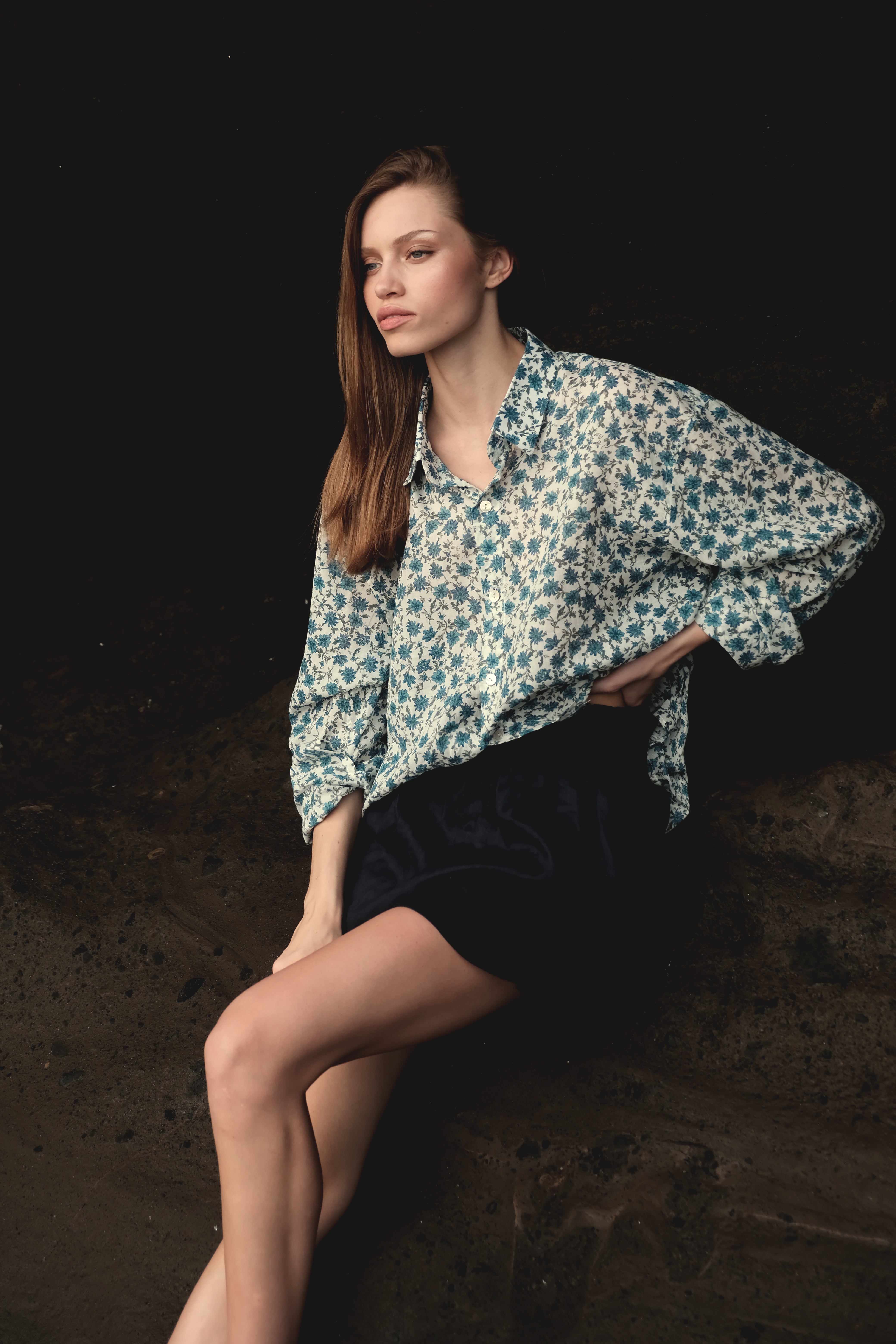 Oversized Button Down in Blue Floral Cotton Gauze