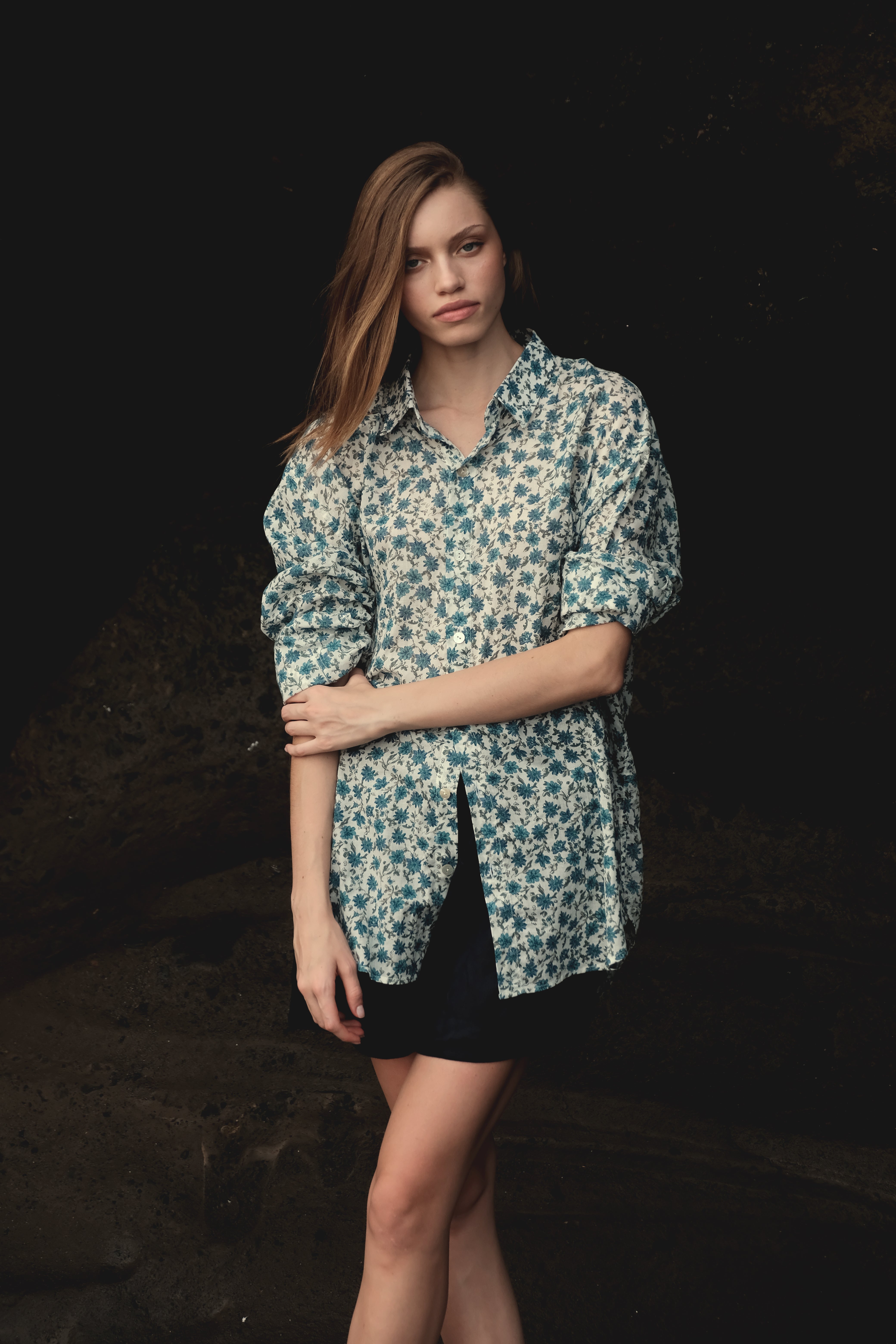 Oversized Button Down in Blue Floral Cotton Gauze