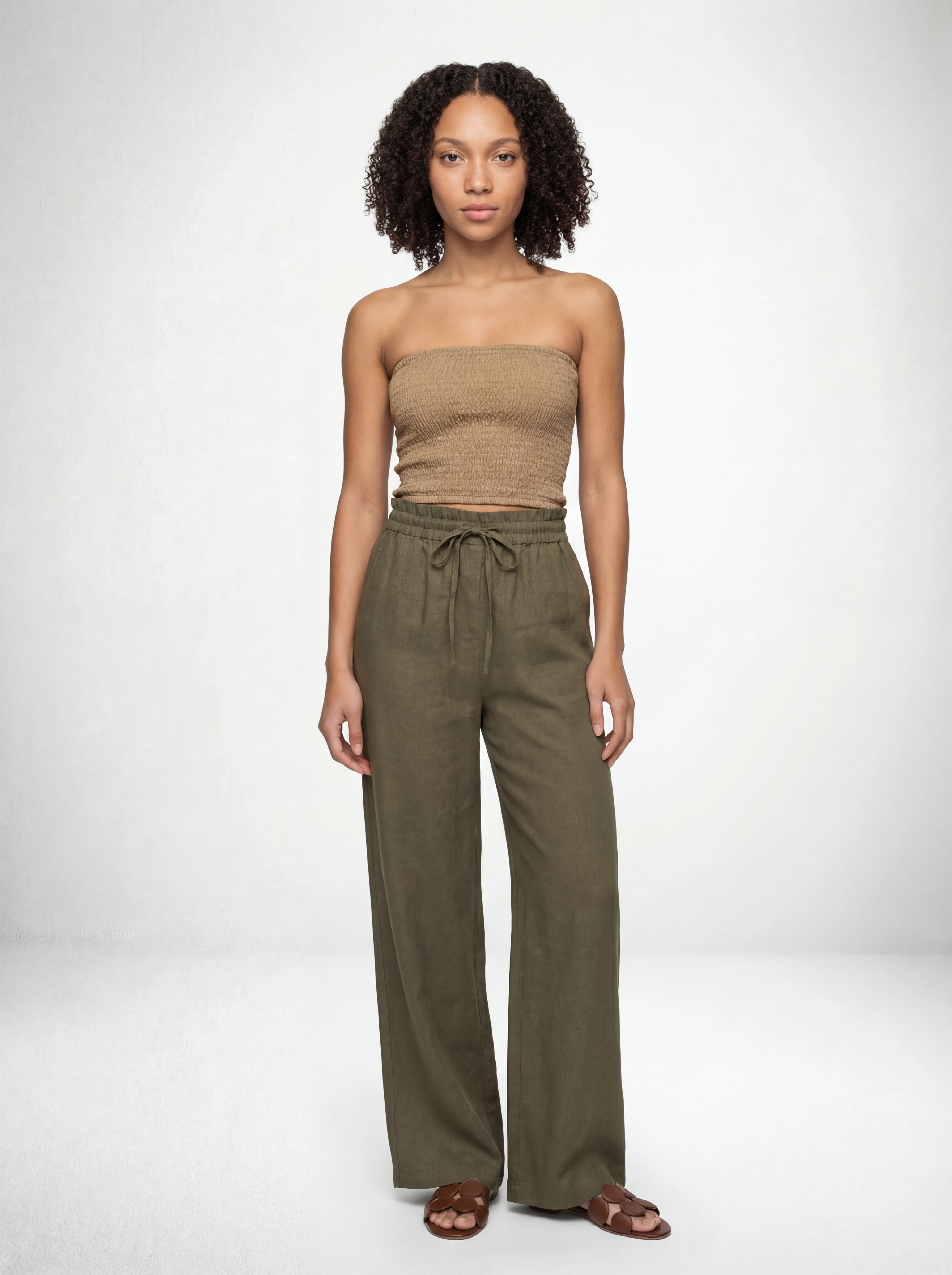 Shirred Cropped Tube Top in Camel