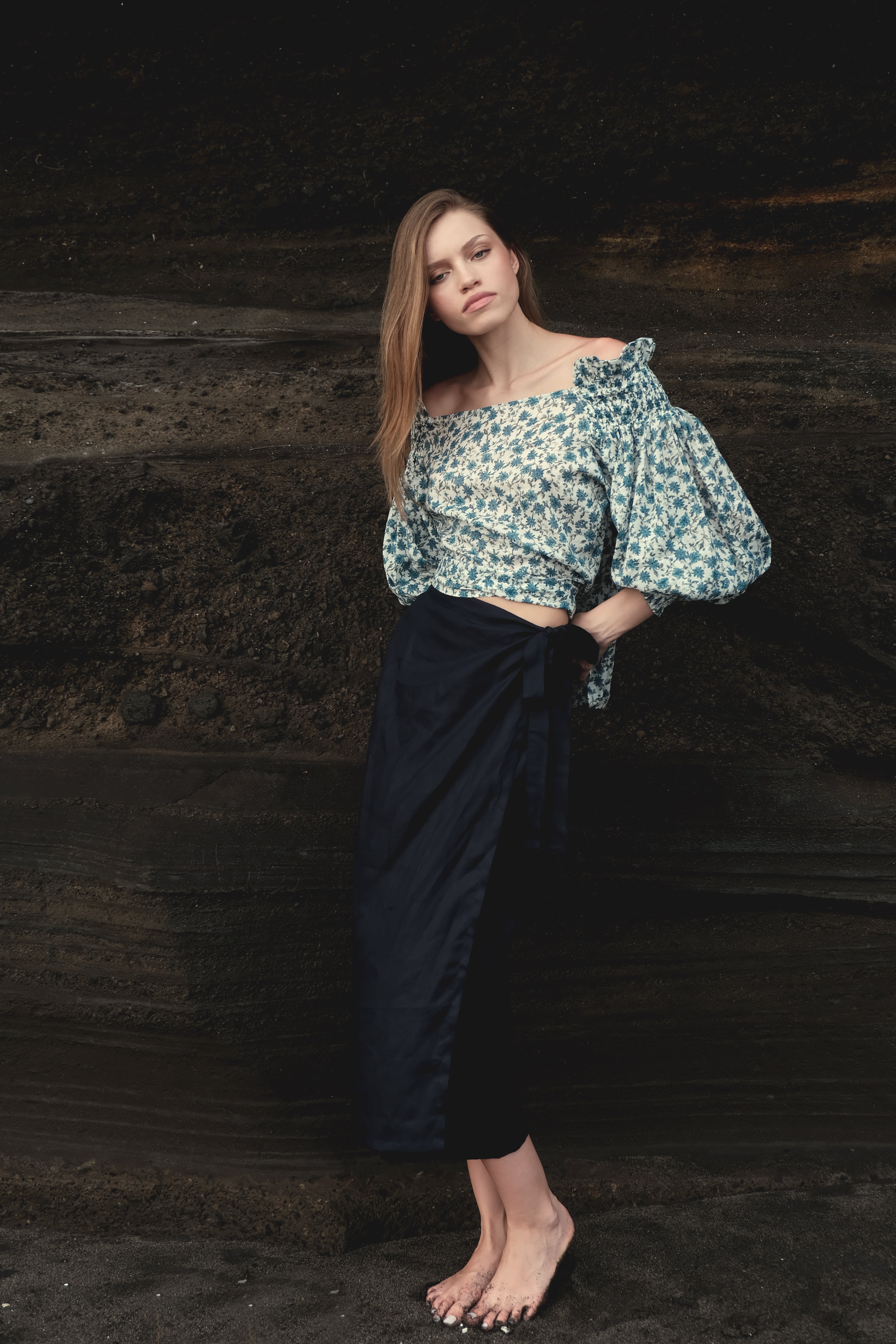 Off-The-Shoulder Top in Blue Floral Cotton Gauze