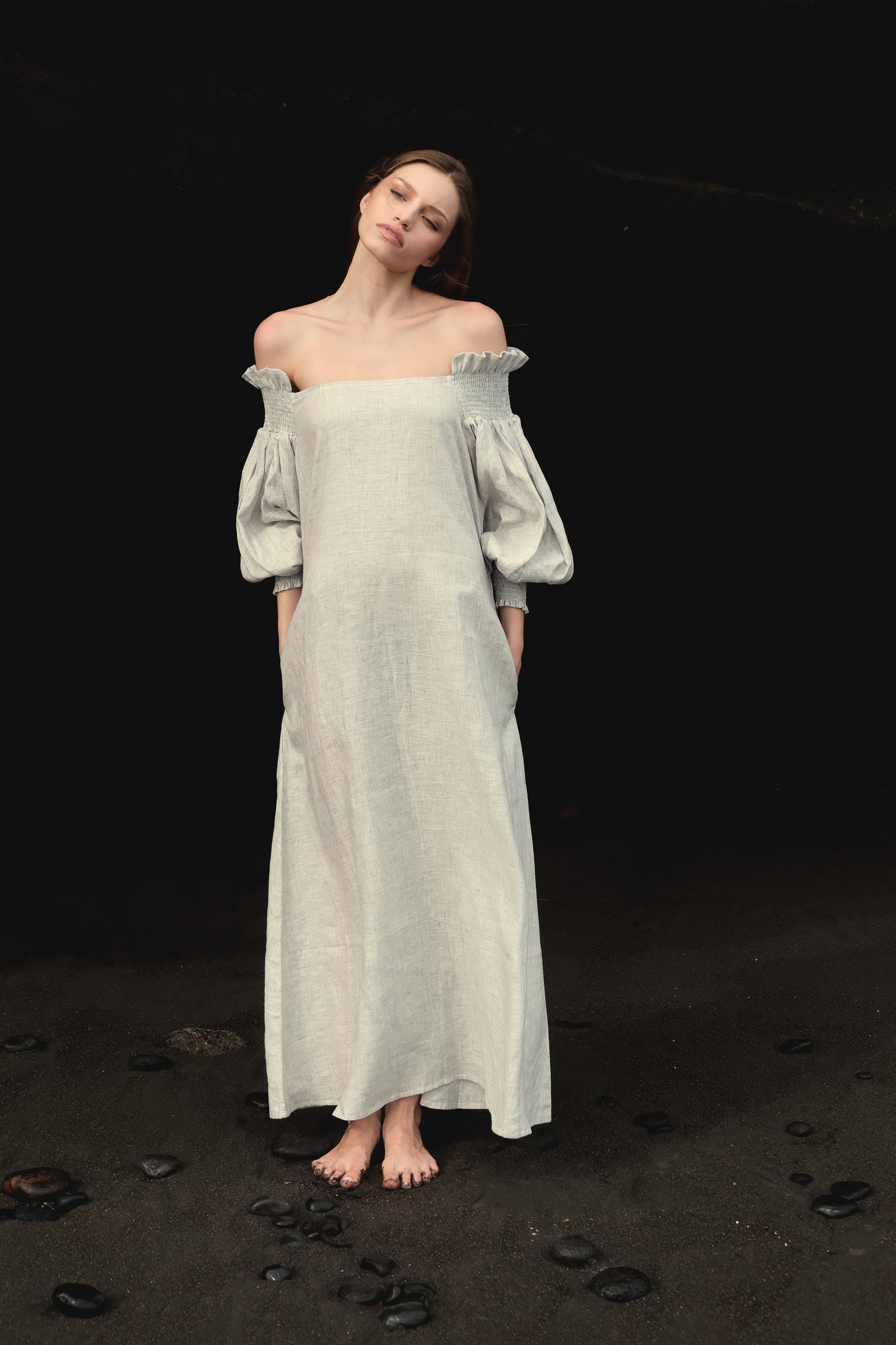 Off-the-Shoulder Shirred Ruffle Maxi Dress in Gray Stripe