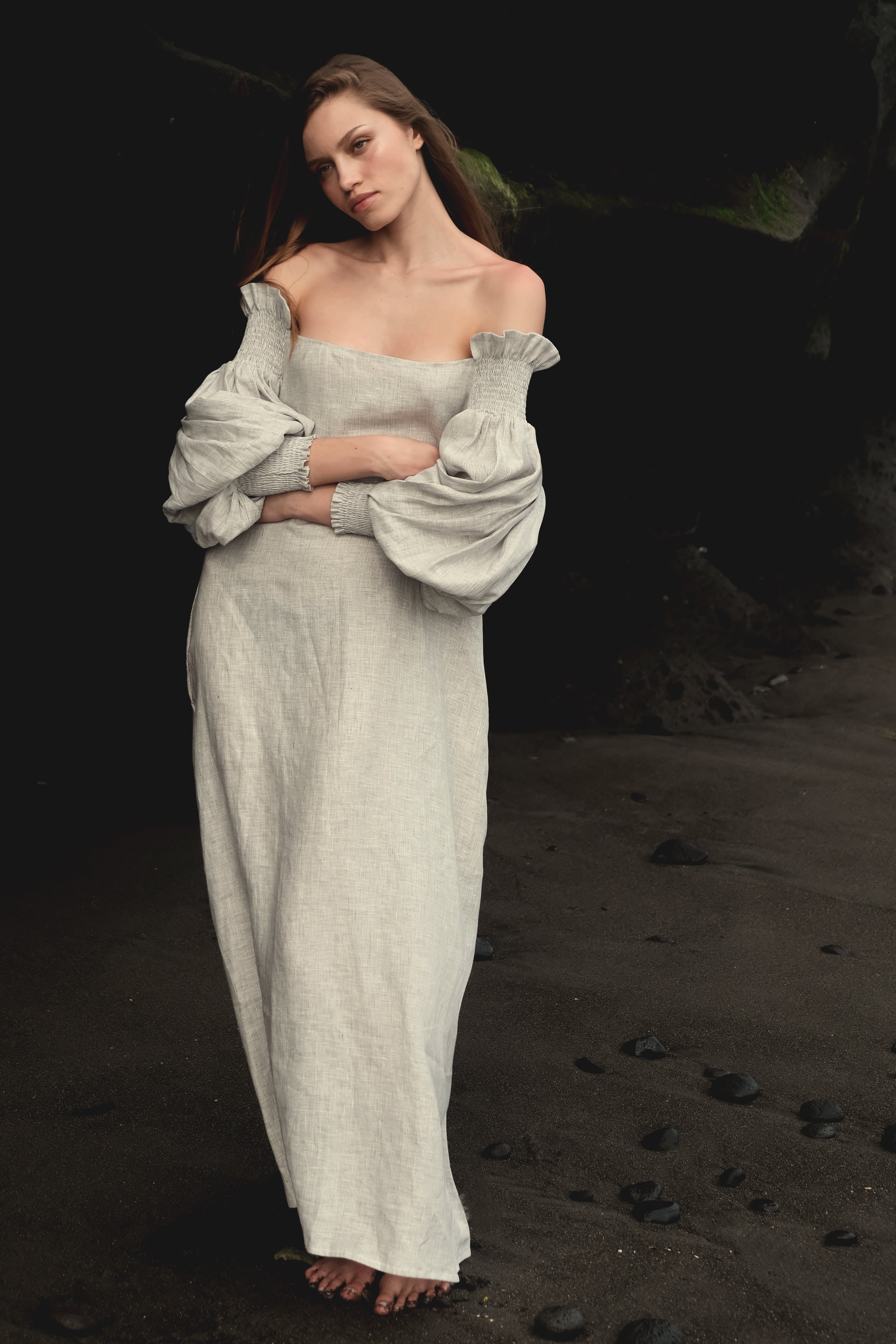 Off-the-Shoulder Shirred Ruffle Maxi Dress in Gray Stripe