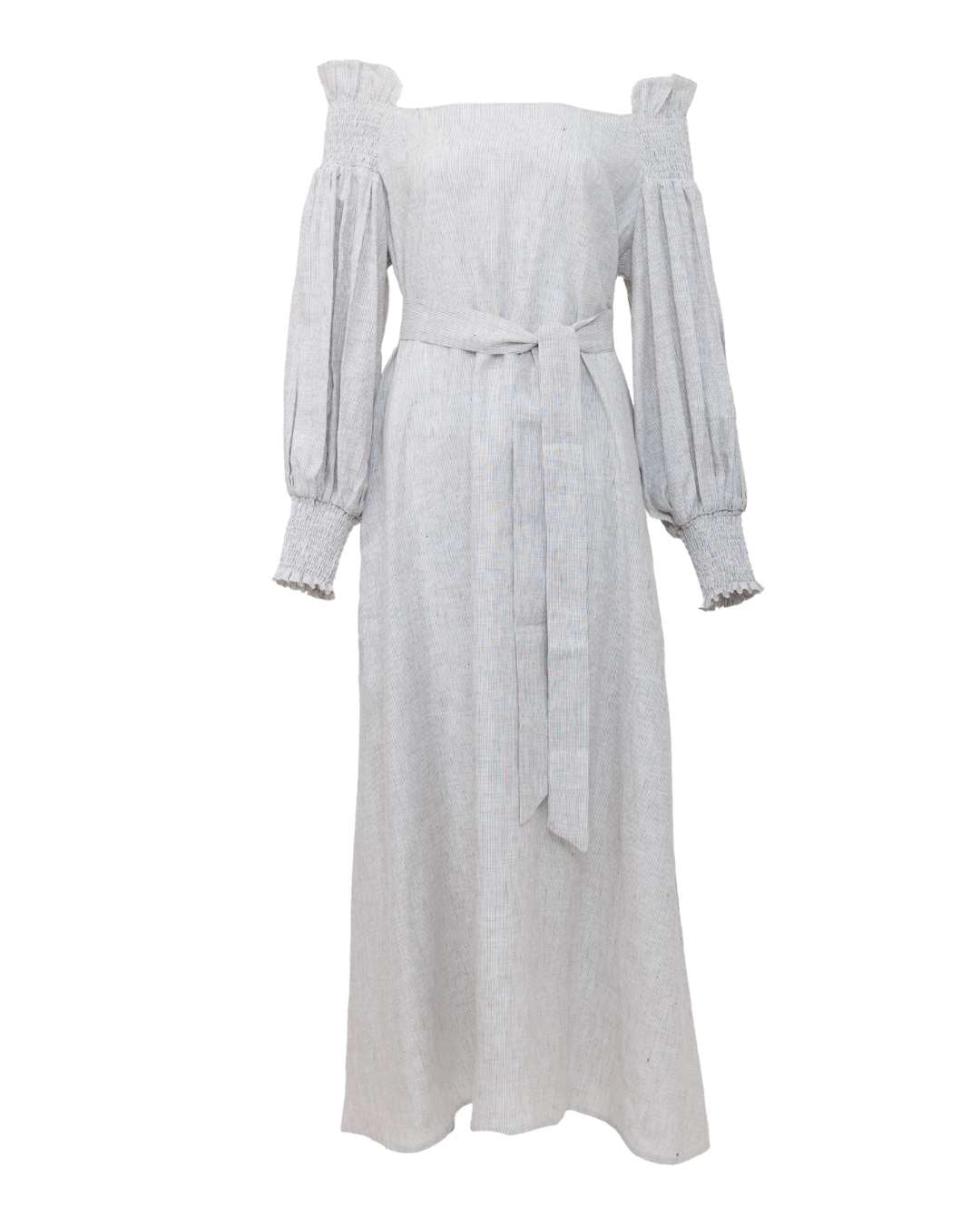 Off-the-Shoulder Shirred Ruffle Maxi Dress in Gray Stripe