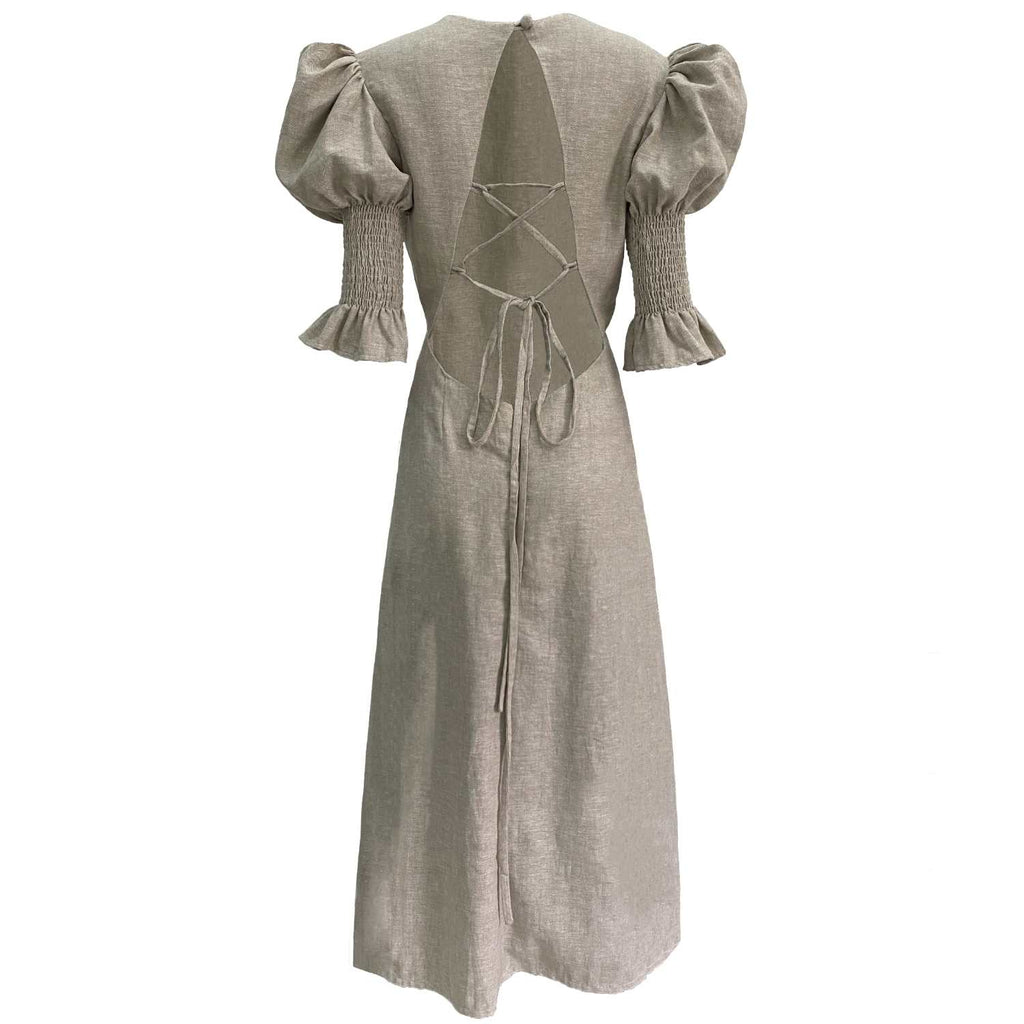 Rohnea Shirring Midi Linen Dress in Herringbone Cream