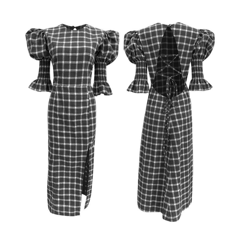 Rohnea Shirring Midi Linen Dress in Windowpane Dark Gray