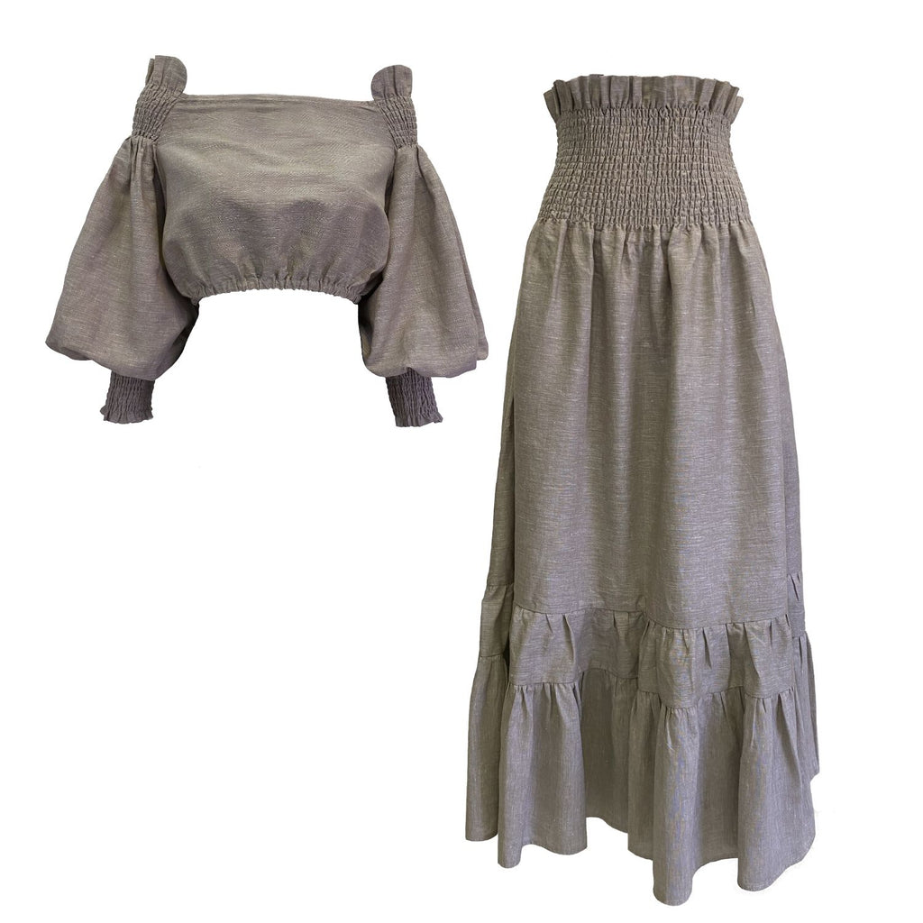 Rohnea Shirred Linen Modular Maxi Skirt in Driftwood