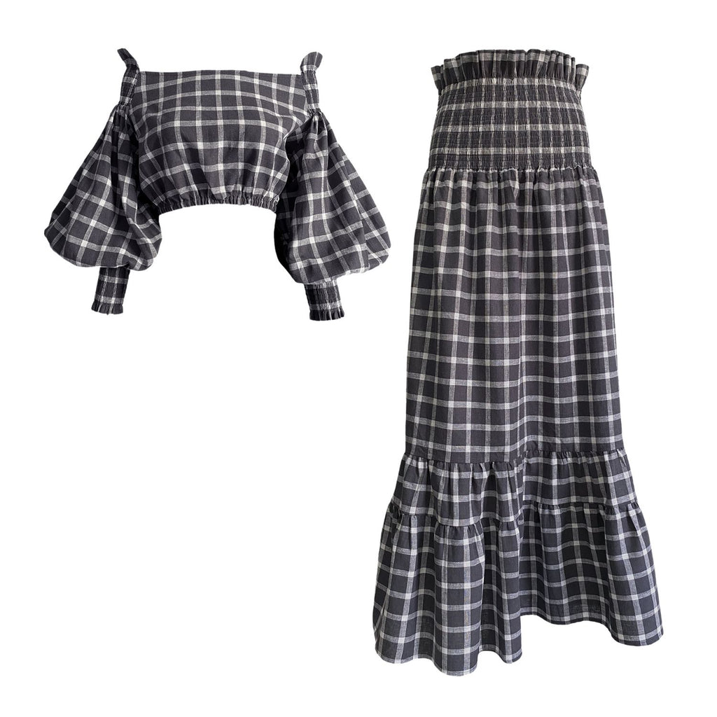 Rohnea Shirred Linen Modular Maxi Skirt in Windowpane Dark Gray