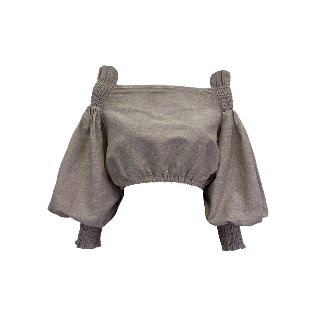 Rohnea Cropped Shirring Linen Top in Driftwood