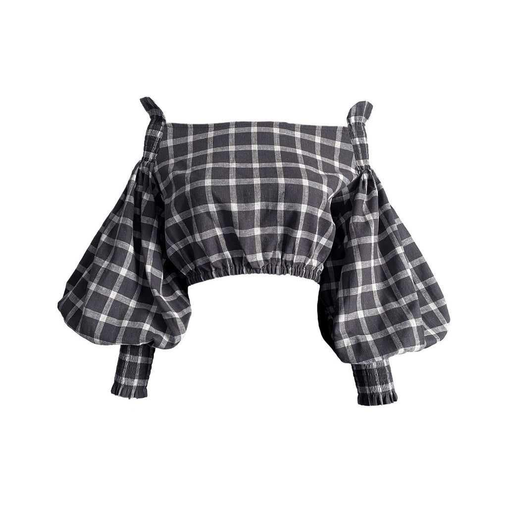 Rohnea Cropped Shirring Linen Top in Windowpane Dark Gray
