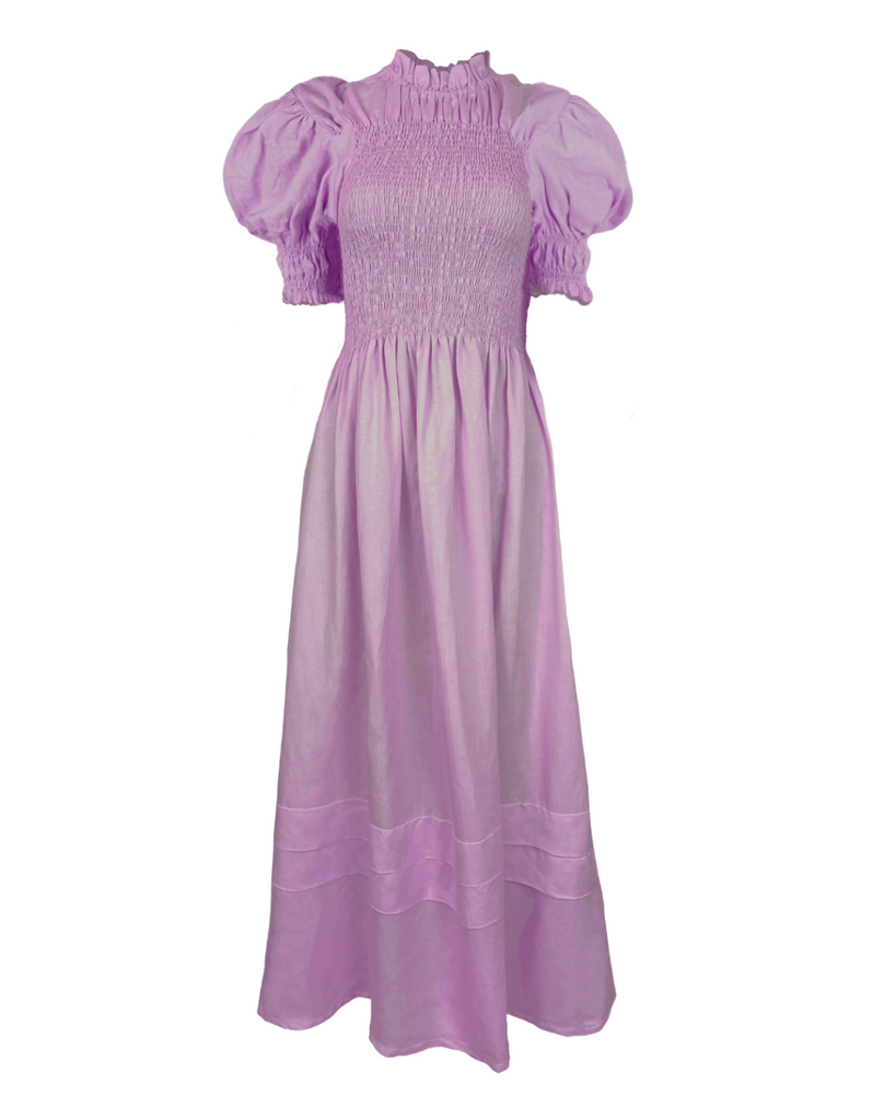 Shirred Pleated Turtleneck Maxi Dress in Lilac