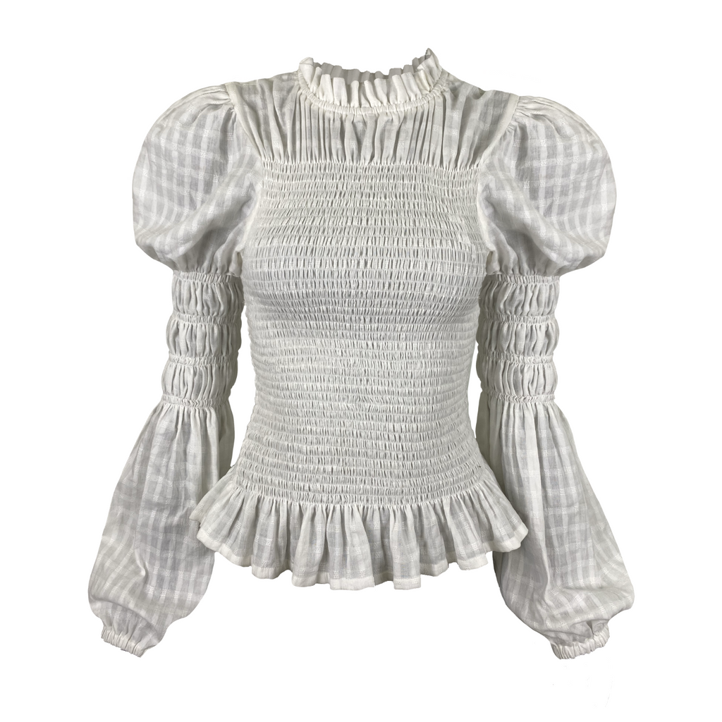 Rohnea Linen Shirring Turtleneck in White Windowpane