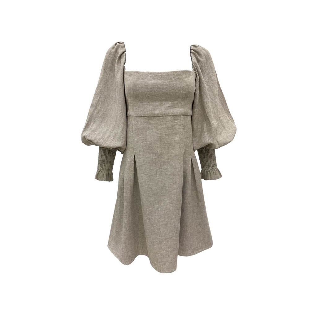 Rohnea Linen Shirring Mini Dress in Herringbone Cream