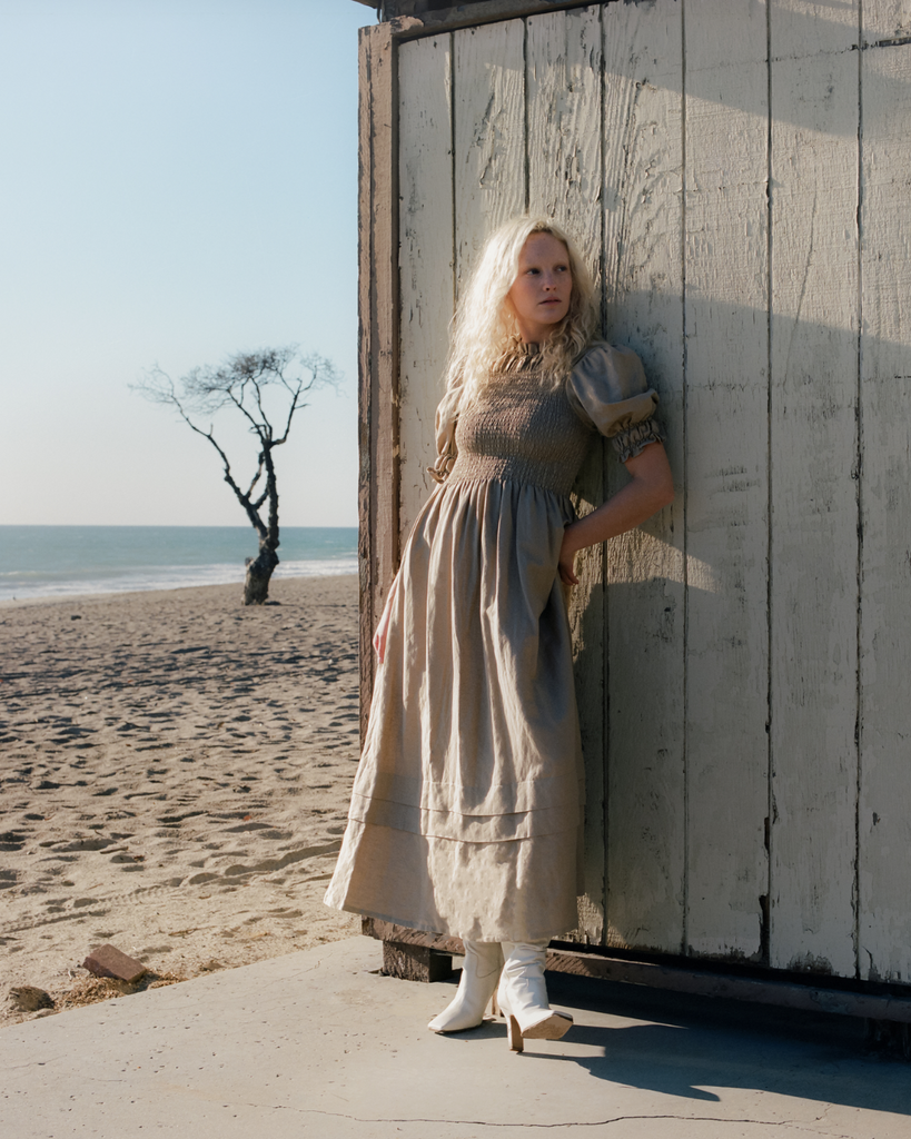 Shirred Pleated Turtleneck Maxi Dress in Camel