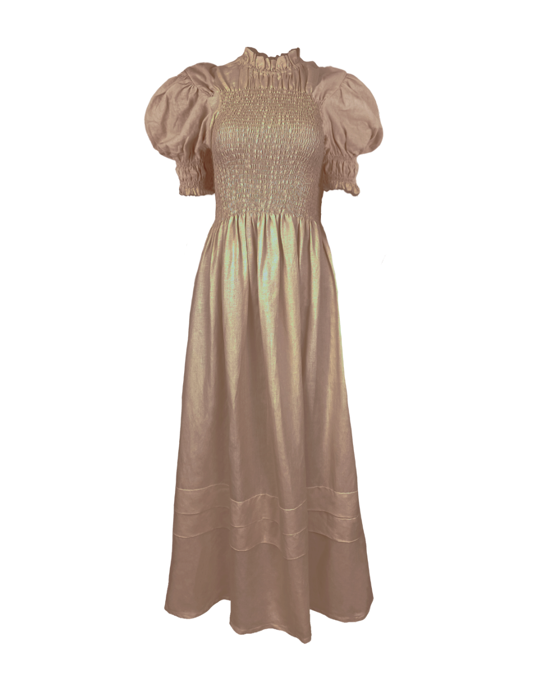 Shirred Pleated Turtleneck Maxi Dress in Camel