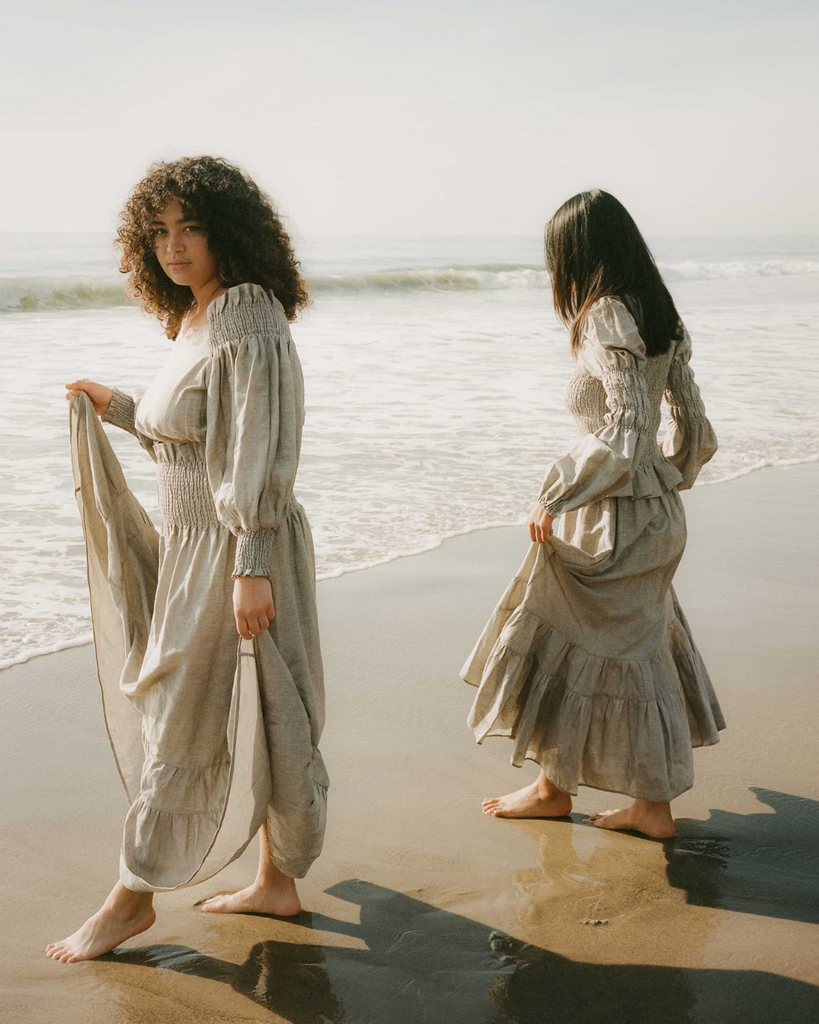 Rohnea Shirred Linen Modular Maxi Skirt in Driftwood