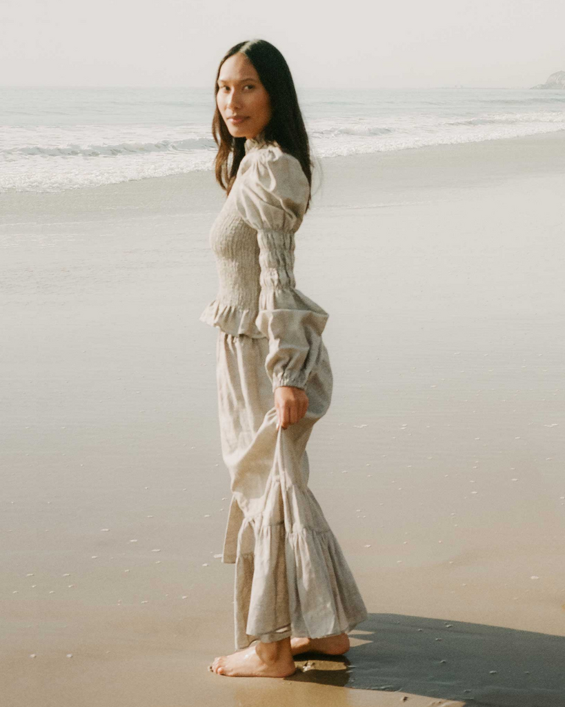 Rohnea Shirred Linen Modular Maxi Skirt in Driftwood