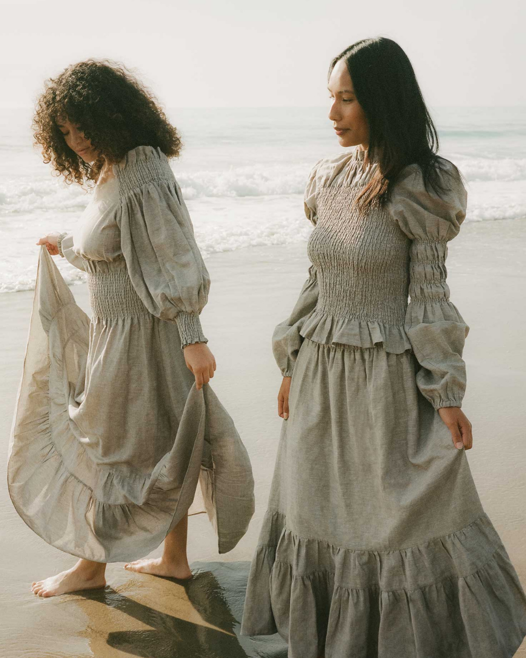 Rohnea Shirred Linen Modular Maxi Skirt in Driftwood NARY