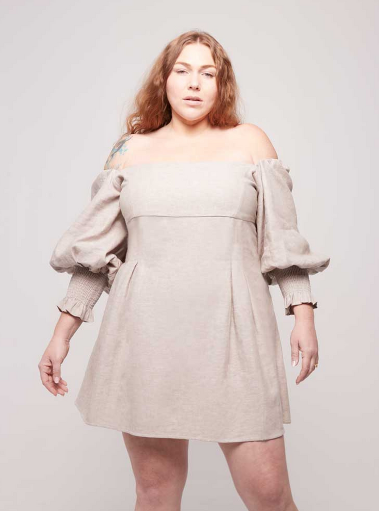 Rohnea Linen Shirring Mini Dress in Herringbone Cream