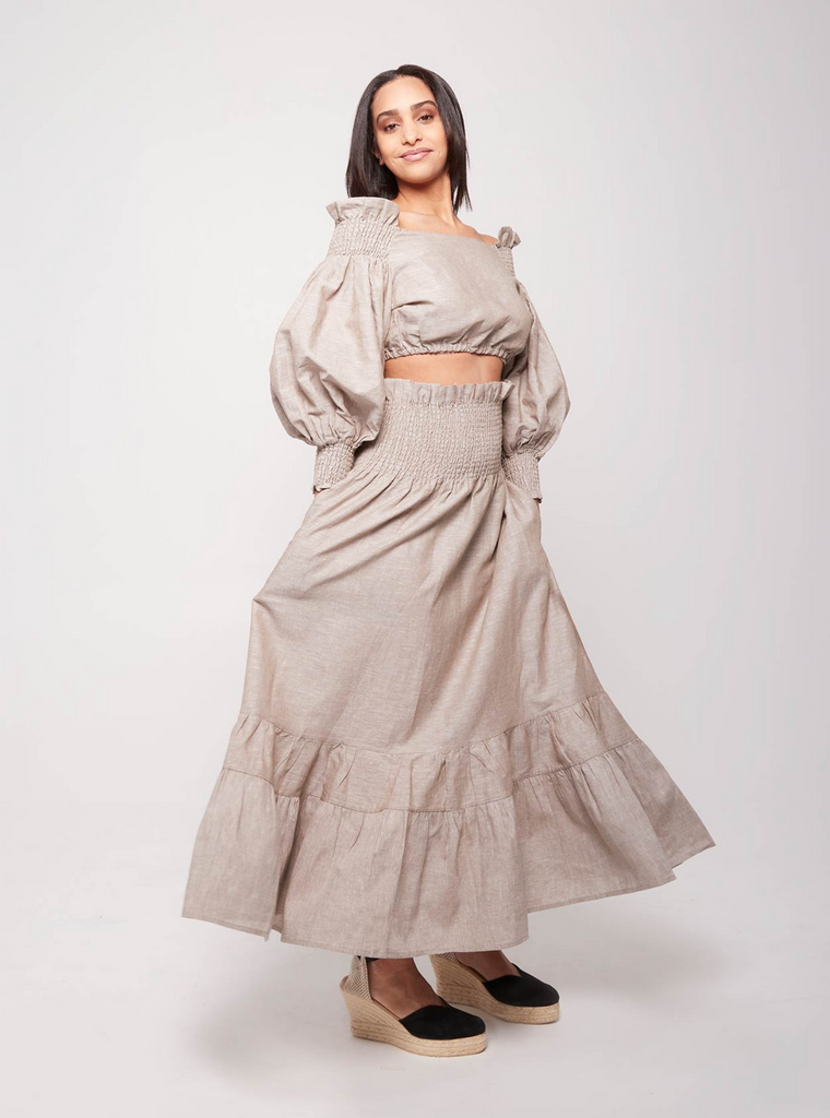 Rohnea Shirred Linen Modular Maxi Skirt in Driftwood