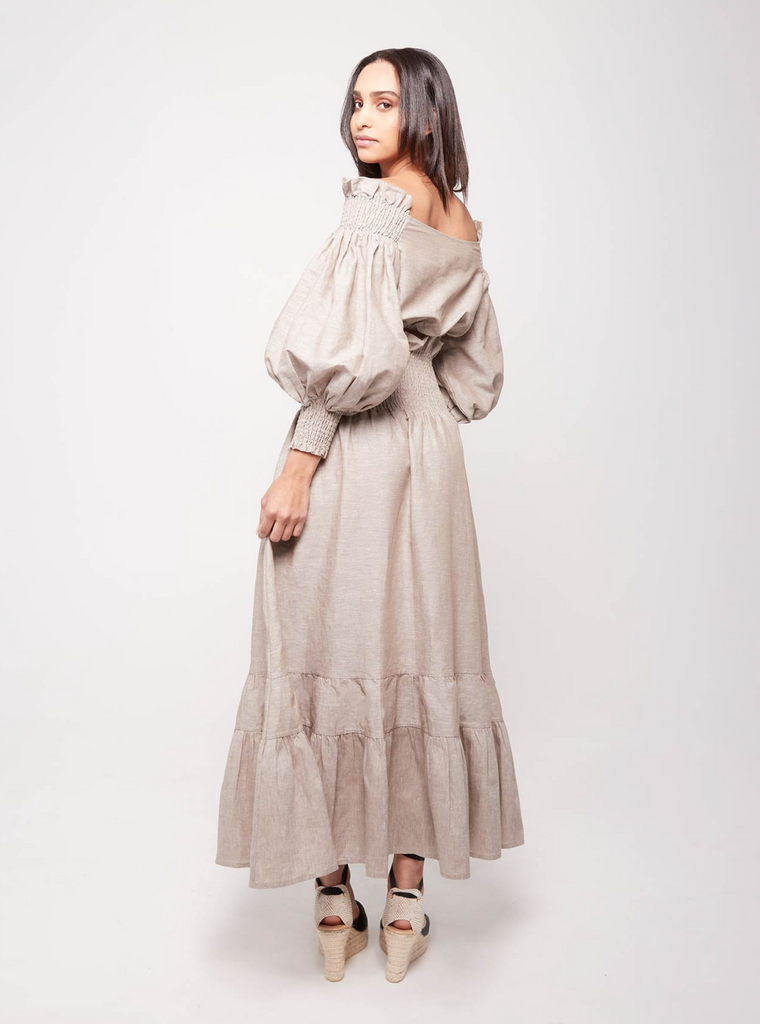 Rohnea Shirred Linen Modular Maxi Skirt in Driftwood